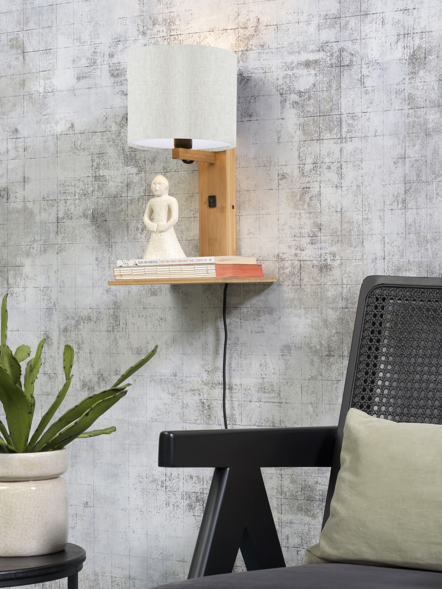 GOOD&MOJO Wandlamp 'Andes' Bamboe en Eco linnen, Met plank, kleur Beige/Naturel