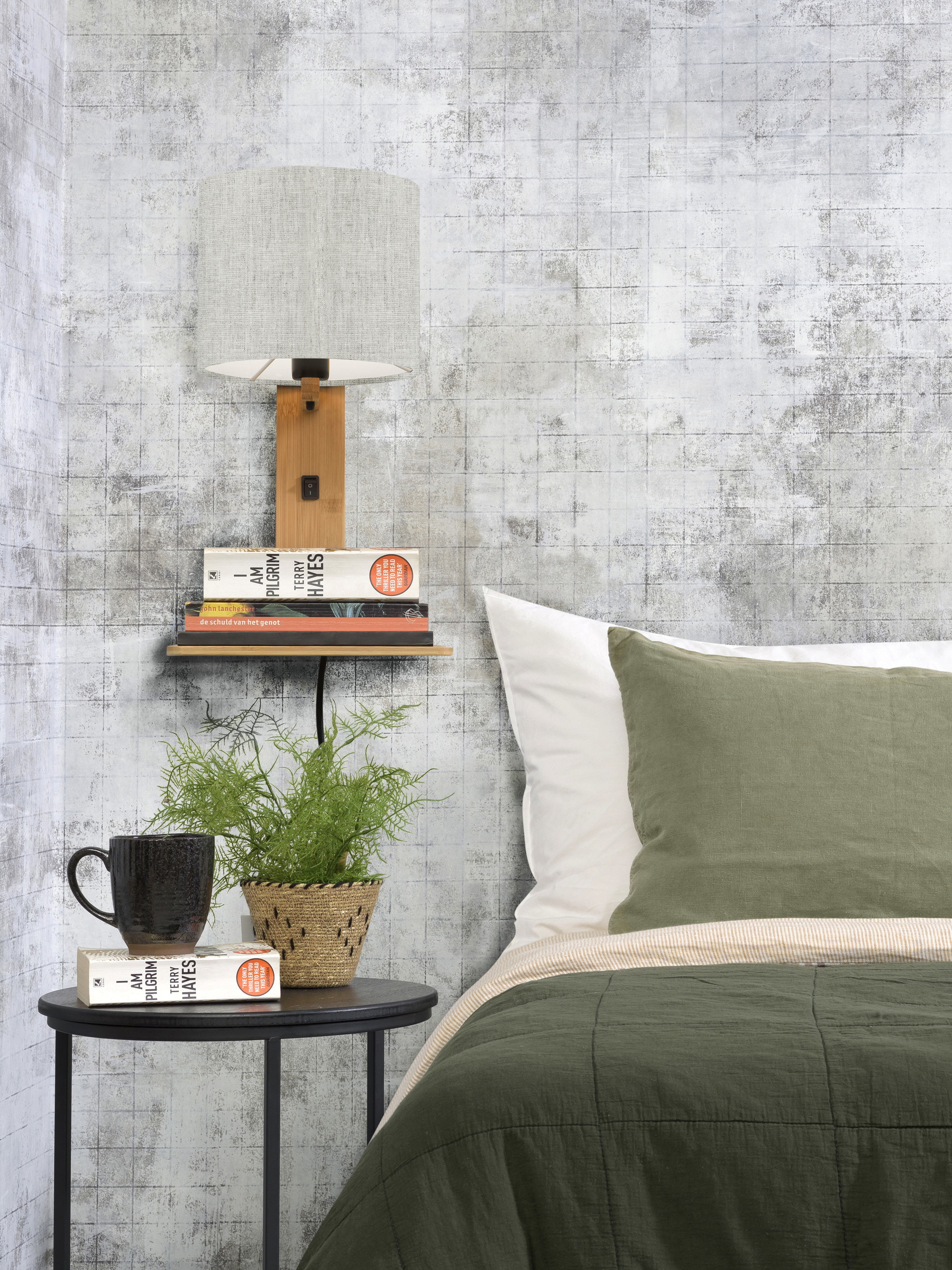 GOOD&MOJO Wandlamp 'Andes' Bamboe en Eco linnen, Met plank, kleur Beige/Naturel