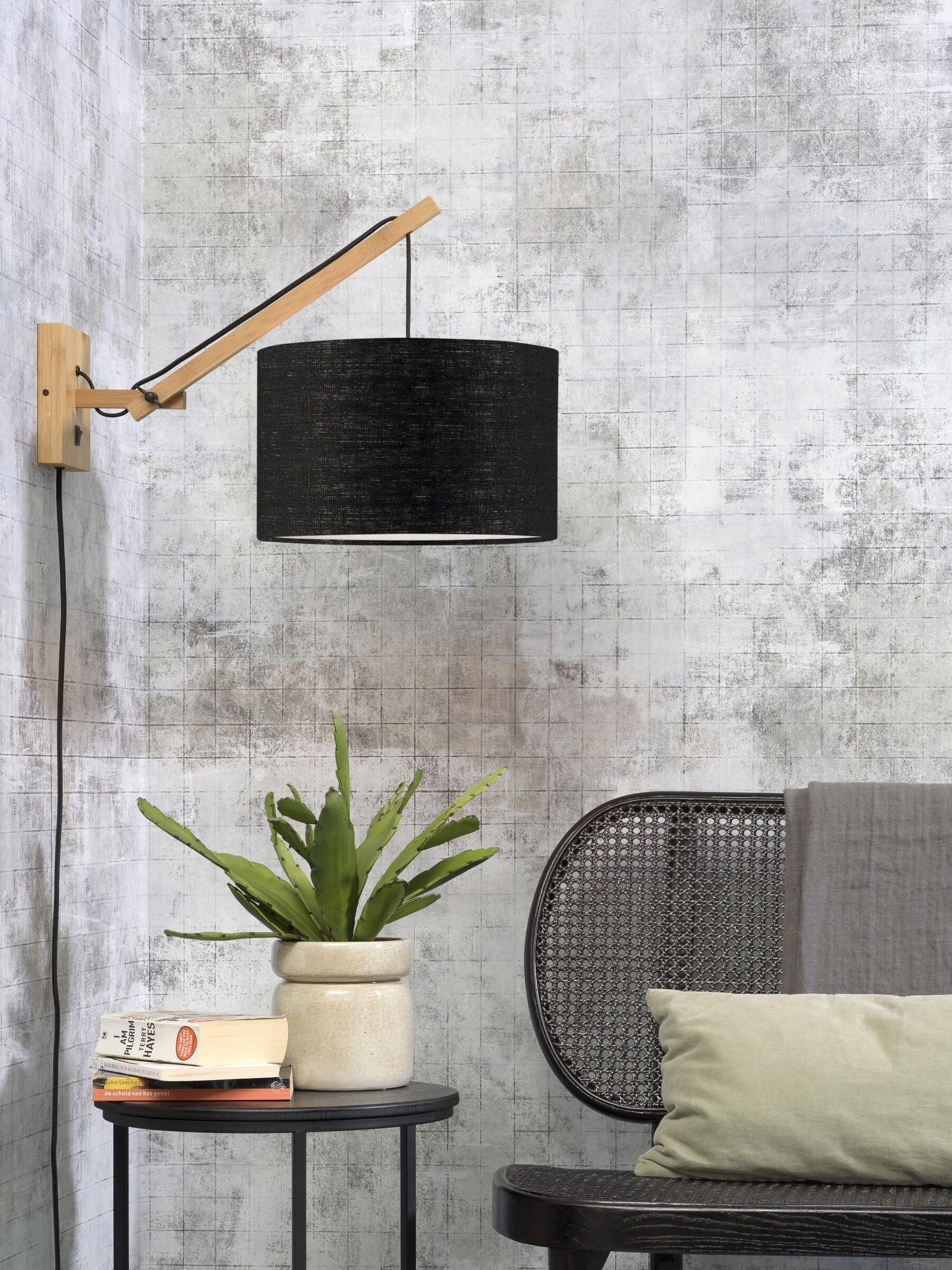 GOOD&MOJO Wandlamp 'Andes' Small, Bamboe en Eco linnen, kleur Zwart/Naturel