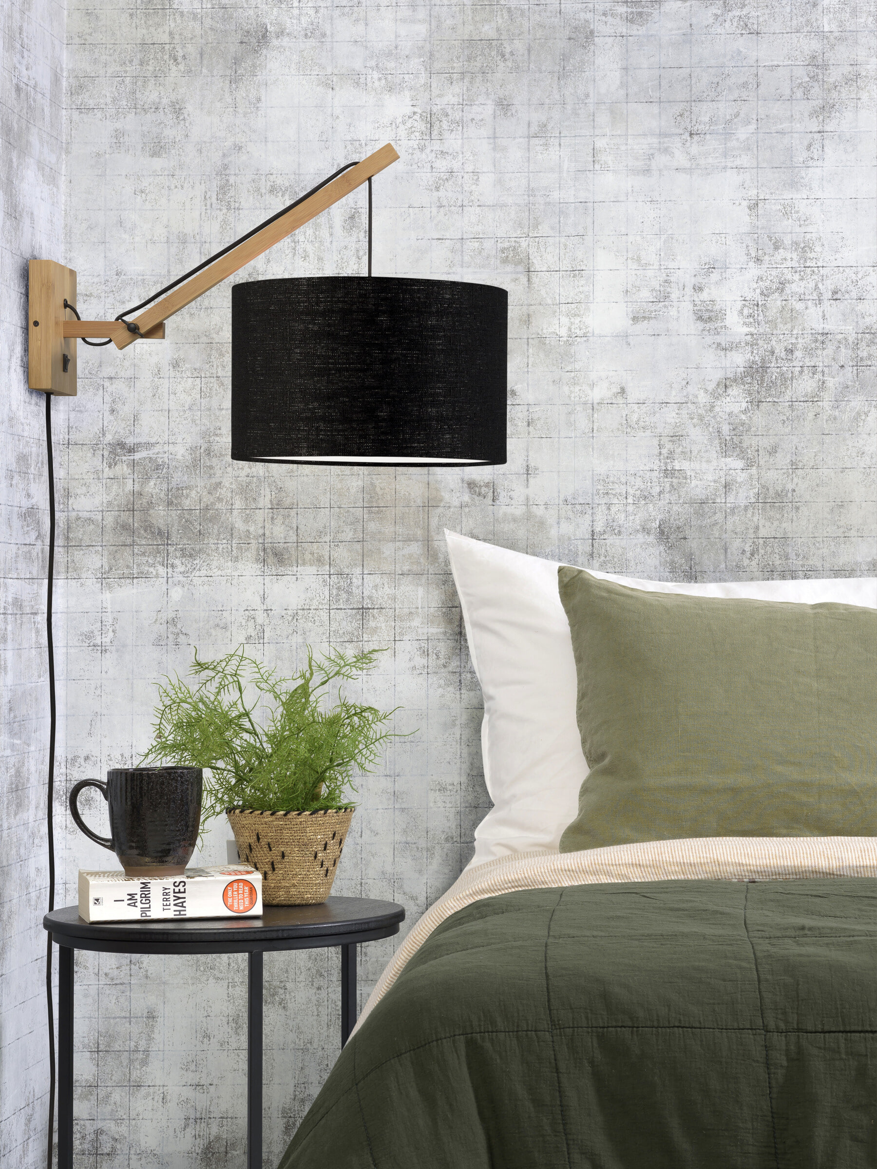 GOOD&MOJO Wandlamp 'Andes' Small, Bamboe en Eco linnen, kleur Zwart/Naturel