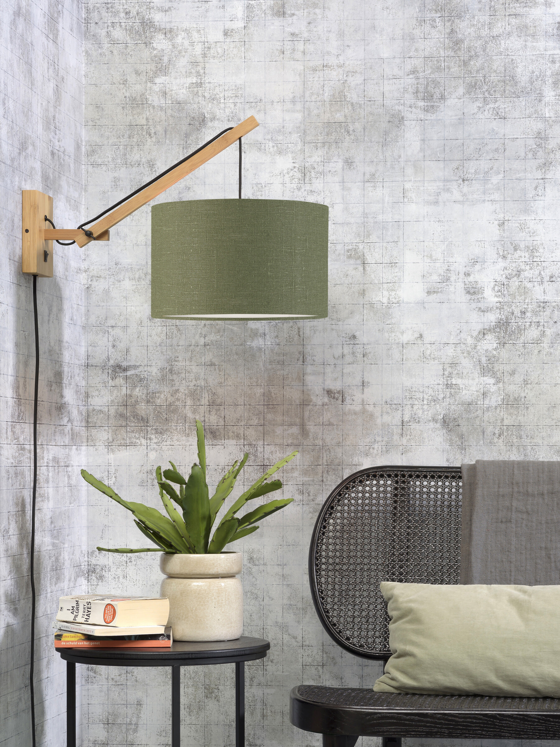 GOOD&MOJO Wandlamp 'Andes' Small, Bamboe en Eco linnen, kleur Groen/Naturel