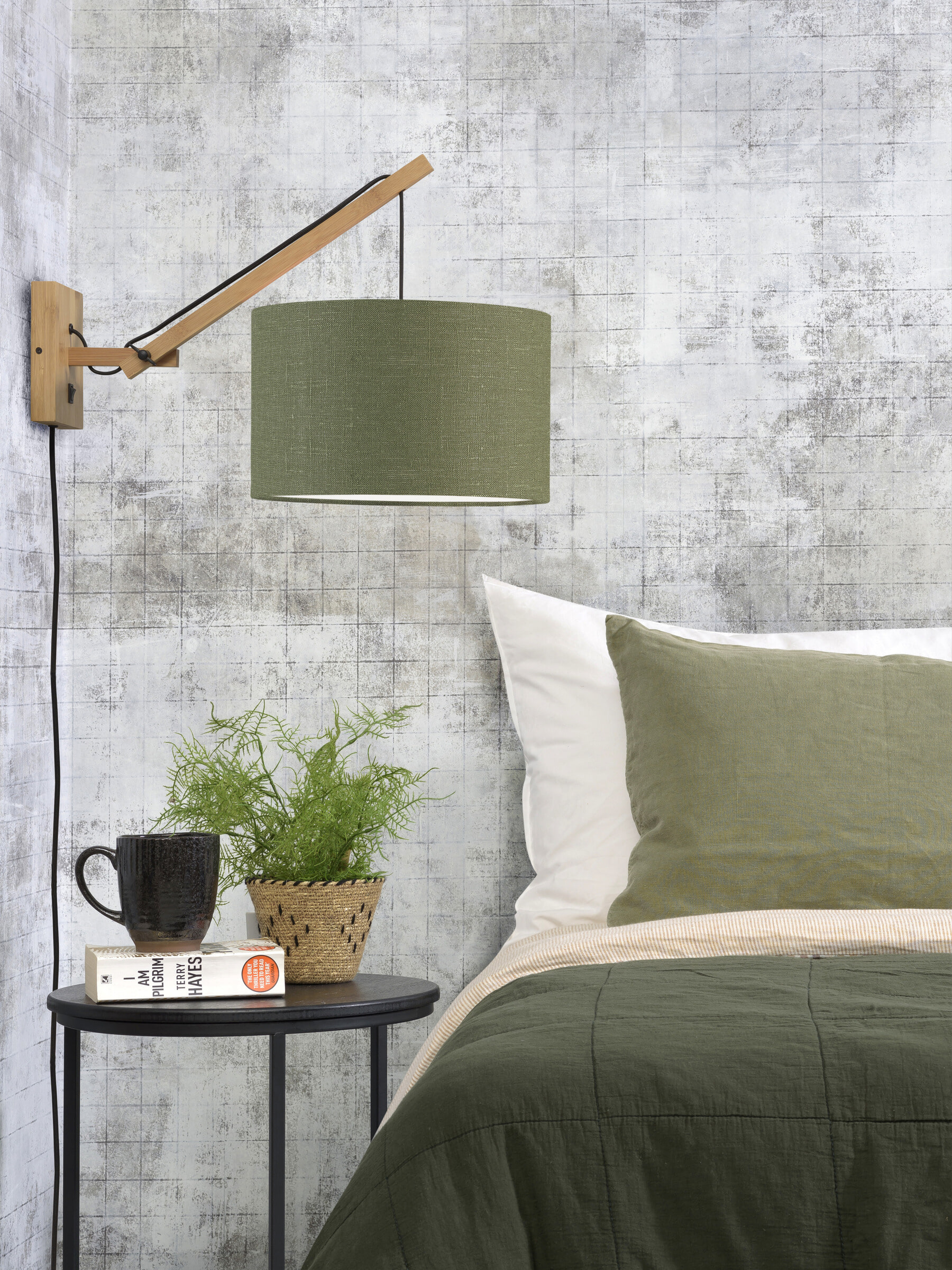 GOOD&MOJO Wandlamp 'Andes' Small, Bamboe en Eco linnen, kleur Groen/Naturel