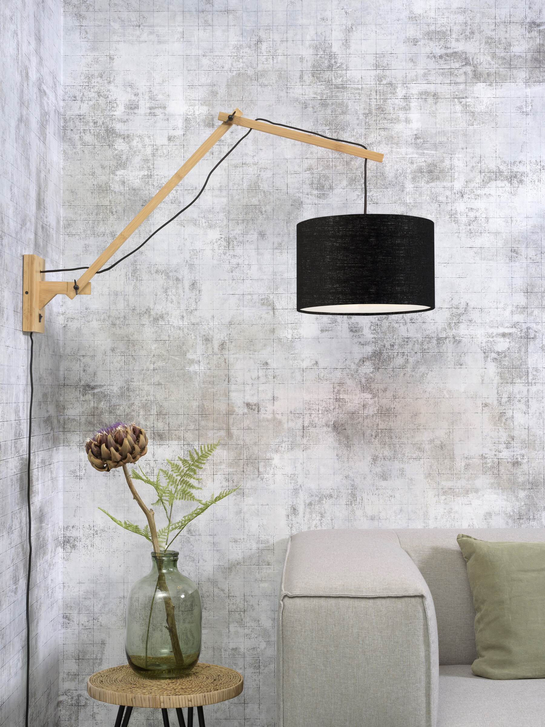 GOOD&MOJO Wandlamp 'Andes' Large, Bamboe en Eco linnen, kleur Naturel/Zwart