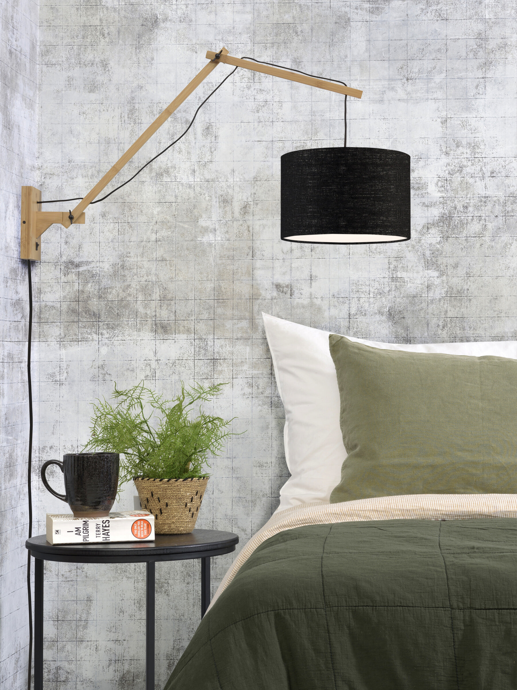 GOOD&MOJO Wandlamp 'Andes' Large, Bamboe en Eco linnen, kleur Naturel/Zwart