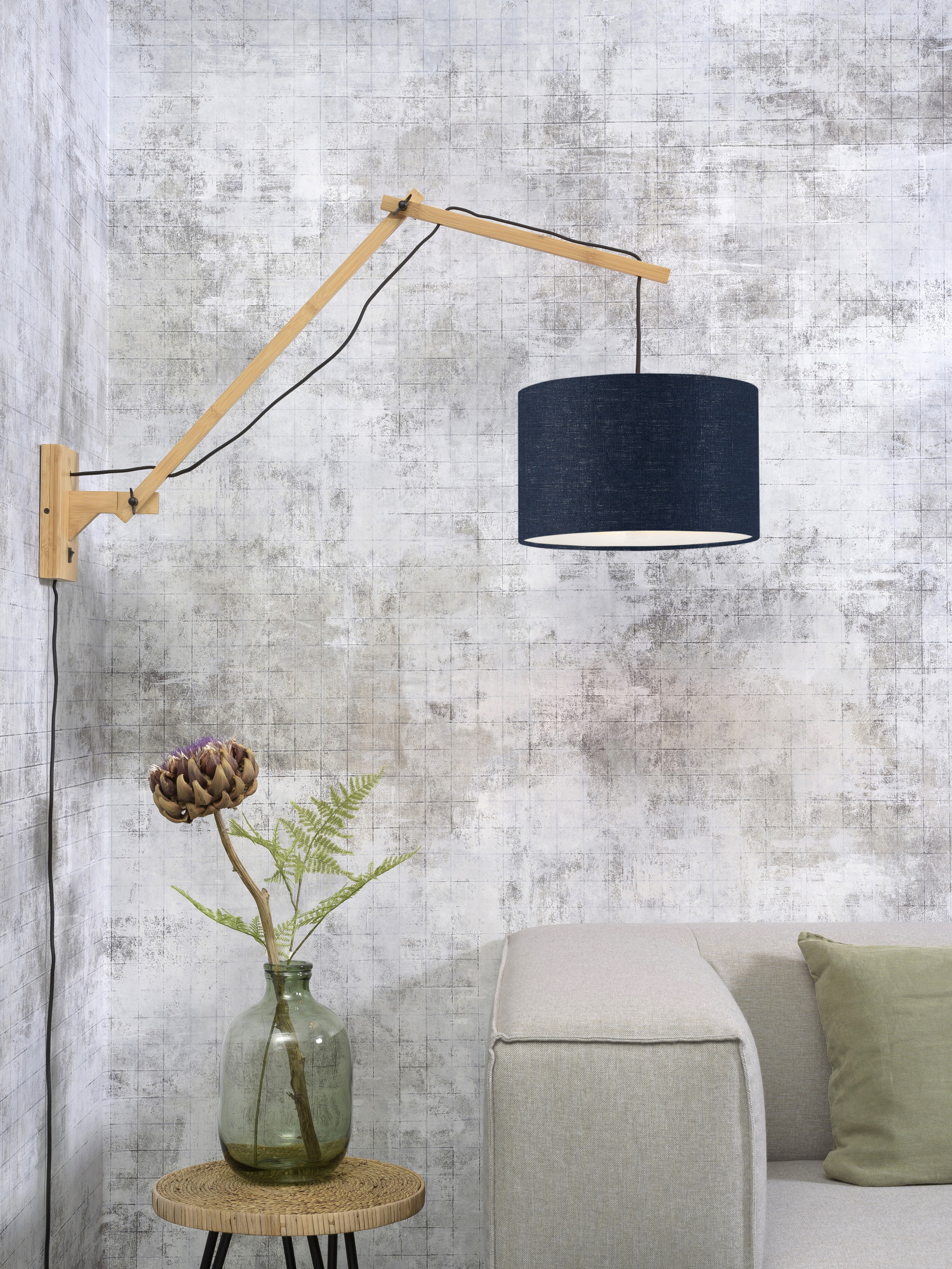 GOOD&MOJO Wandlamp 'Andes' Large, Bamboe en Eco linnen, kleur Denimblauw/Naturel