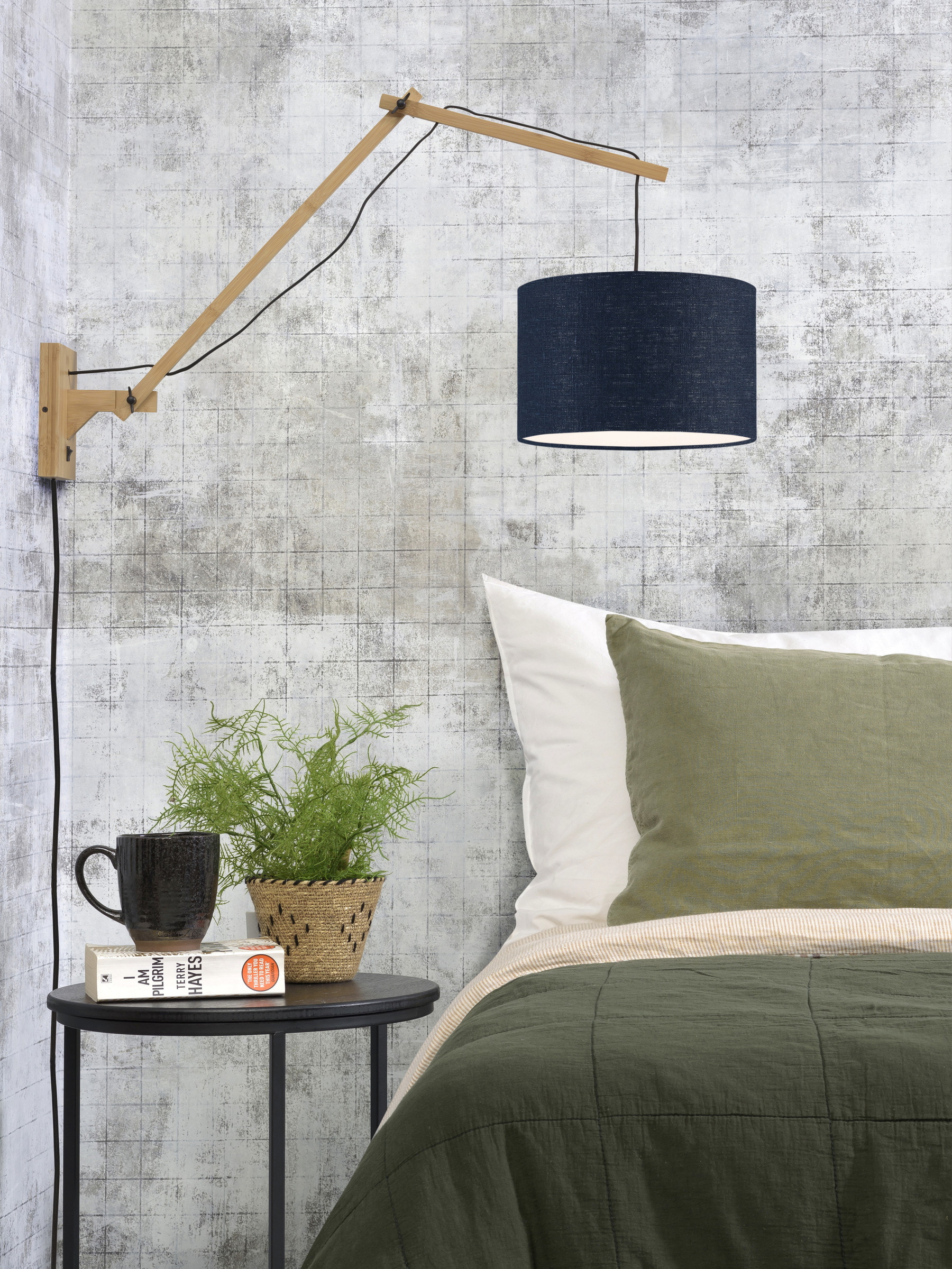 GOOD&MOJO Wandlamp 'Andes' Large, Bamboe en Eco linnen, kleur Denimblauw/Naturel