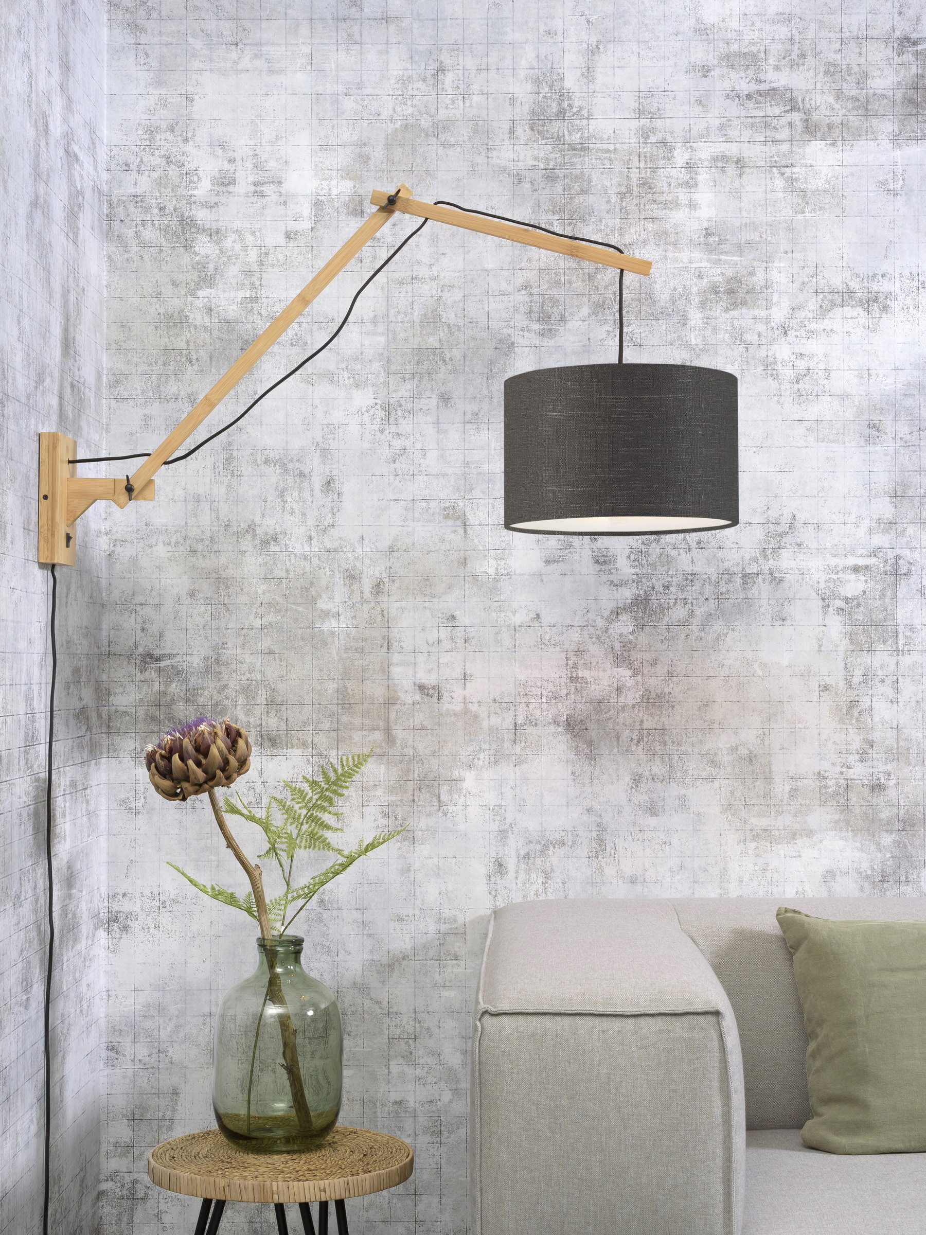 GOOD&MOJO Wandlamp 'Andes' Large, Bamboe en Eco linnen, kleur Donkergrijs/Naturel