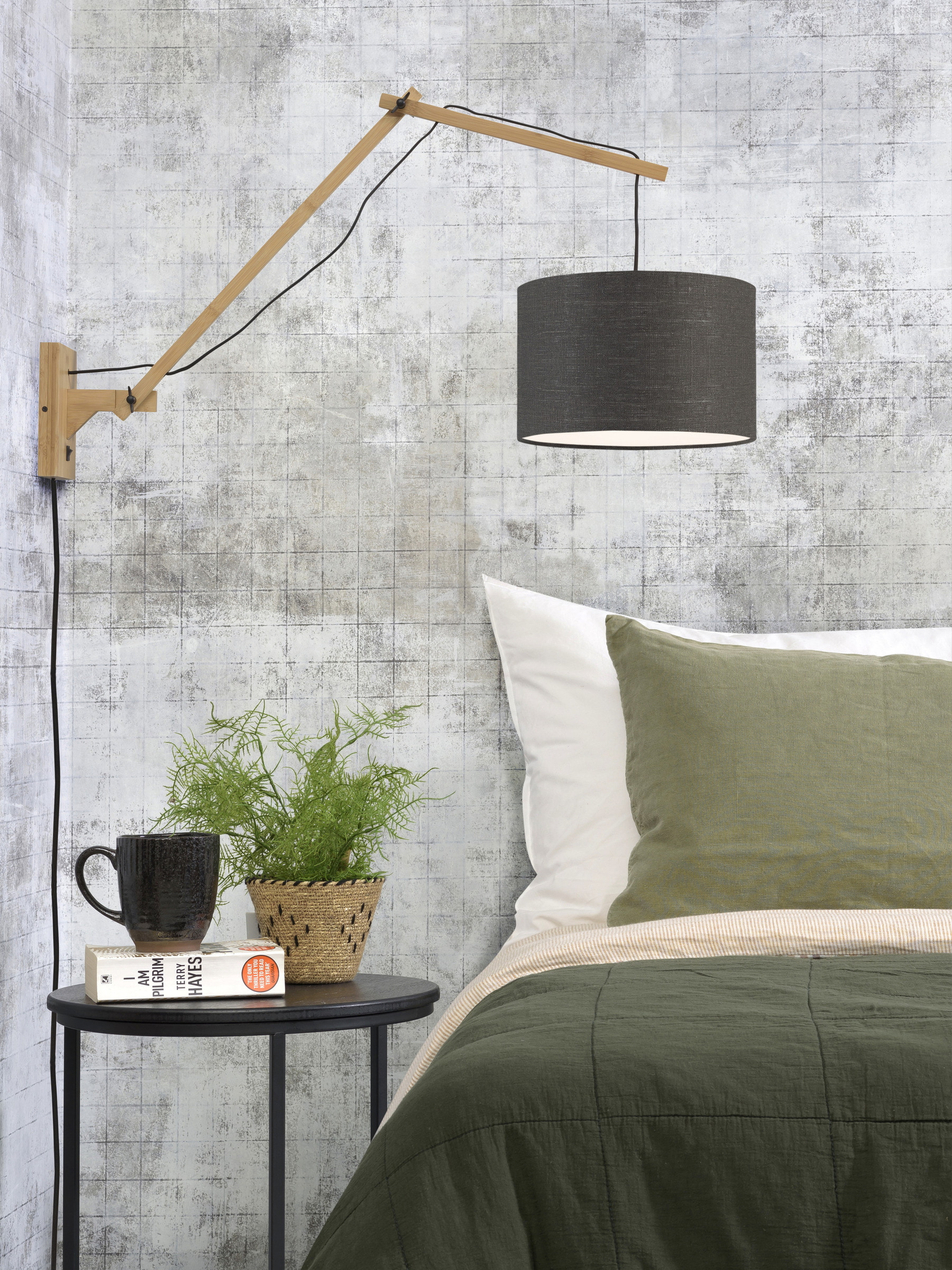 GOOD&MOJO Wandlamp 'Andes' Large, Bamboe en Eco linnen, kleur Donkergrijs/Naturel