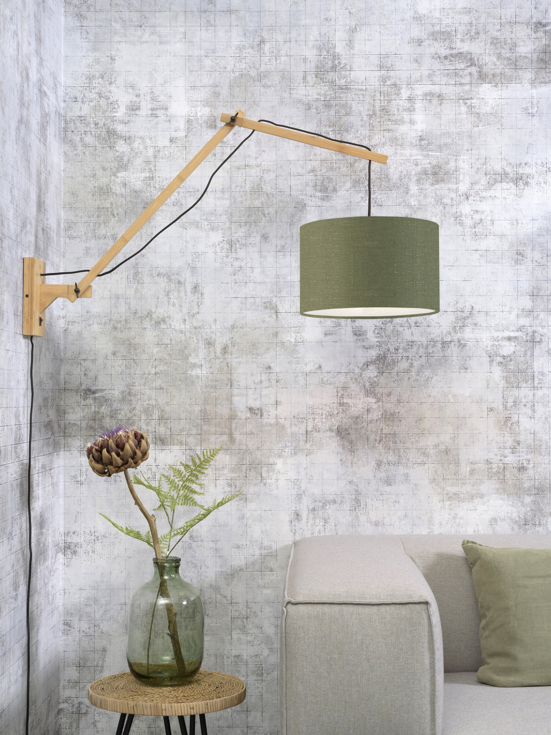 GOOD&MOJO Wandlamp 'Andes' Large, Bamboe en Eco linnen, kleur Groen/Naturel