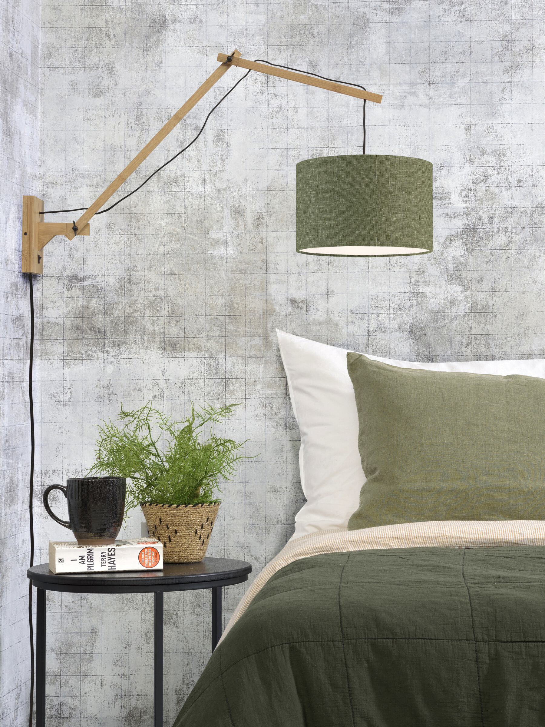 GOOD&MOJO Wandlamp 'Andes' Large, Bamboe en Eco linnen, kleur Groen/Naturel