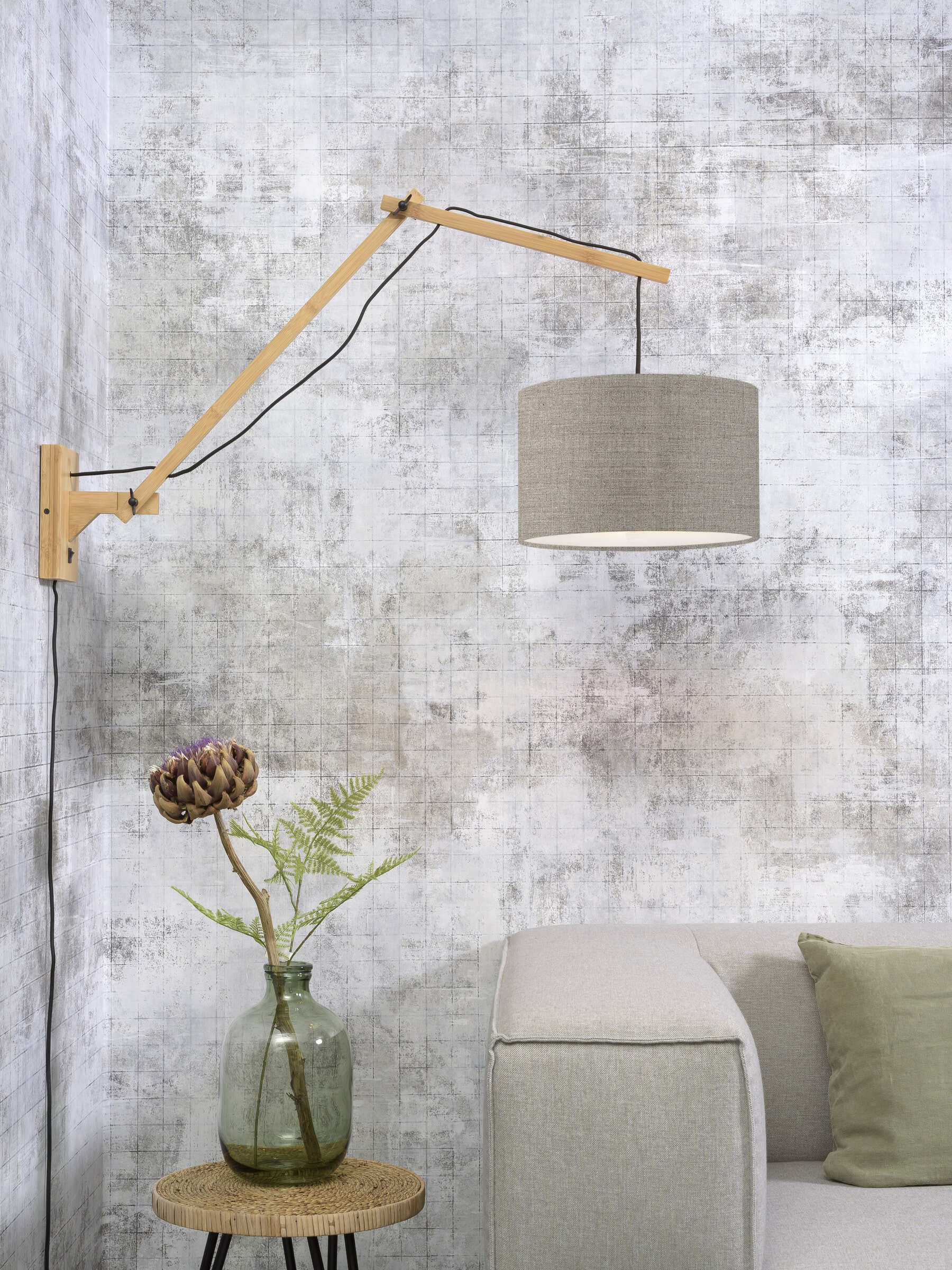GOOD&MOJO Wandlamp 'Andes' Large, Bamboe en Eco linnen, kleur Donkerbeige/Naturel