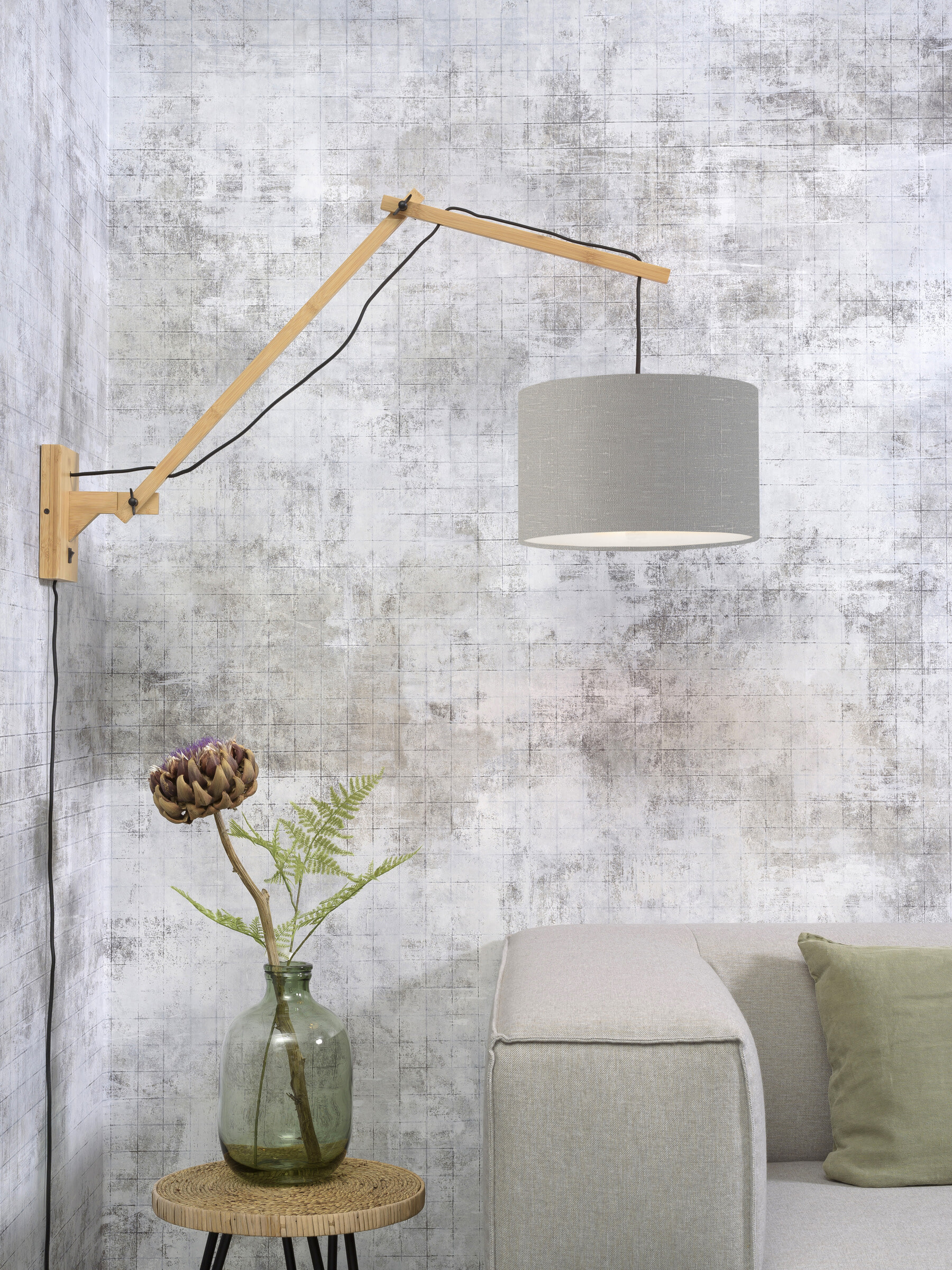 GOOD&MOJO Wandlamp 'Andes' Large, Bamboe en Eco linnen, kleur Lichtgrijs/Naturel