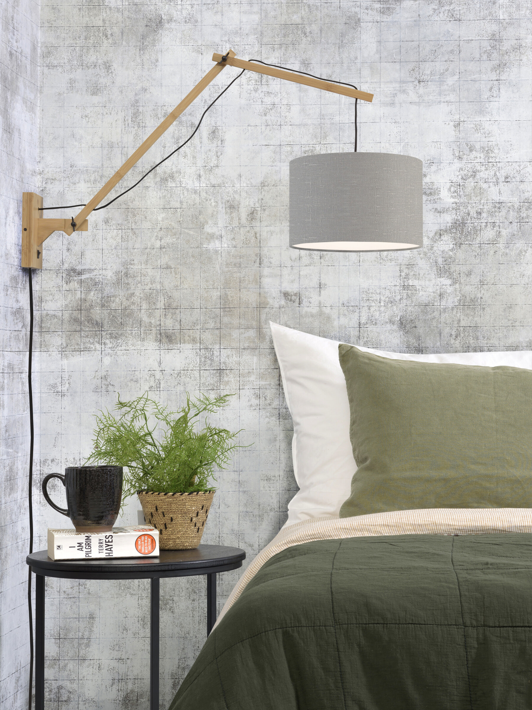 GOOD&MOJO Wandlamp 'Andes' Large, Bamboe en Eco linnen, kleur Lichtgrijs/Naturel