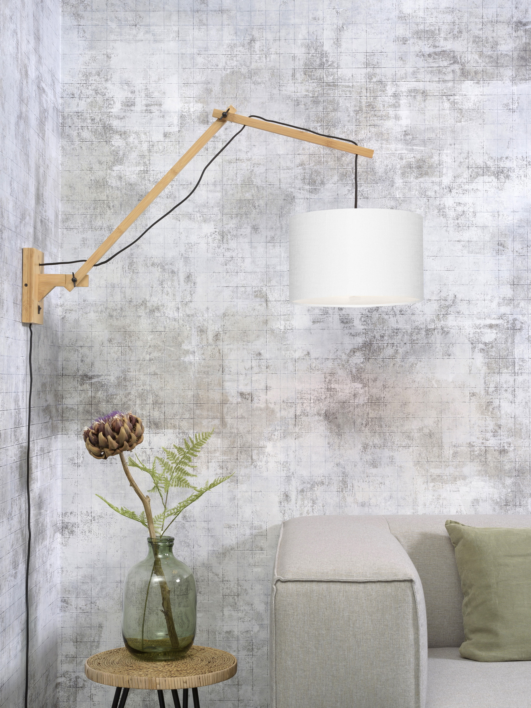 GOOD&MOJO Wandlamp 'Andes' Large, Bamboe en Eco linnen, kleur Wit/Naturel