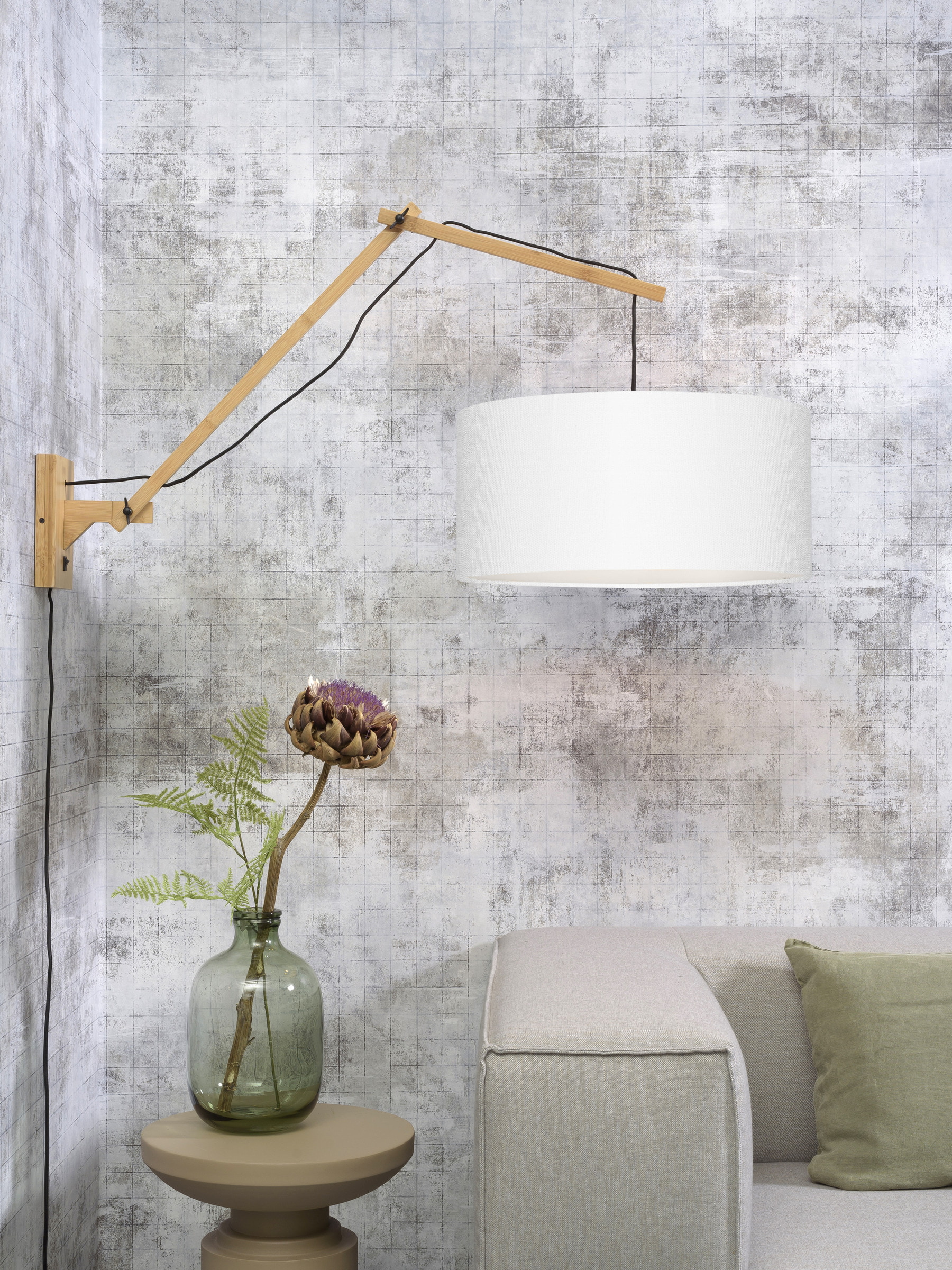 GOOD&MOJO Wandlamp 'Andes' Large, Bamboe en Eco linnen, kleur Wit/Naturel
