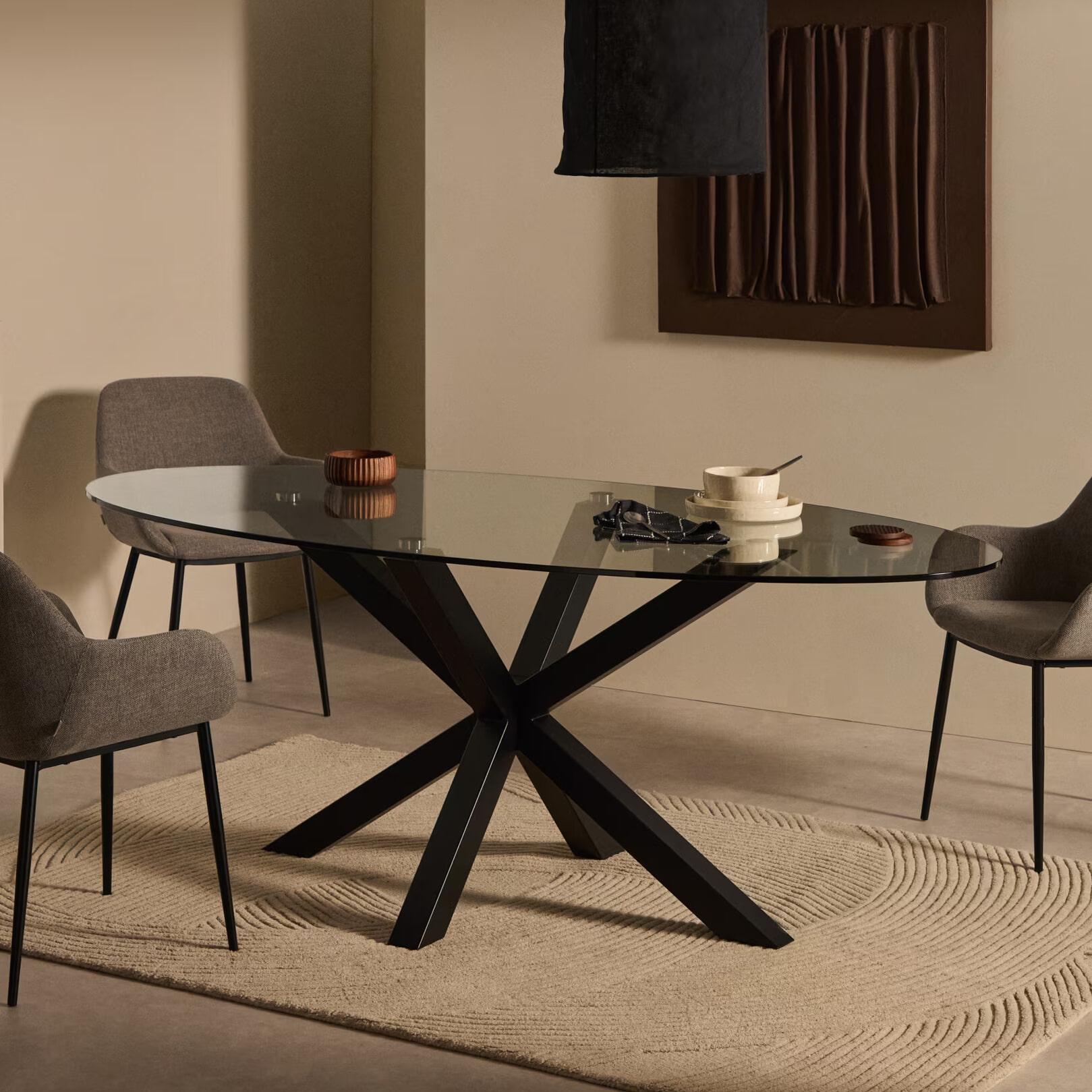 Kave Home Ovale Eettafel Argo Glas, 200 x 100cm - Zwart - Ovaal