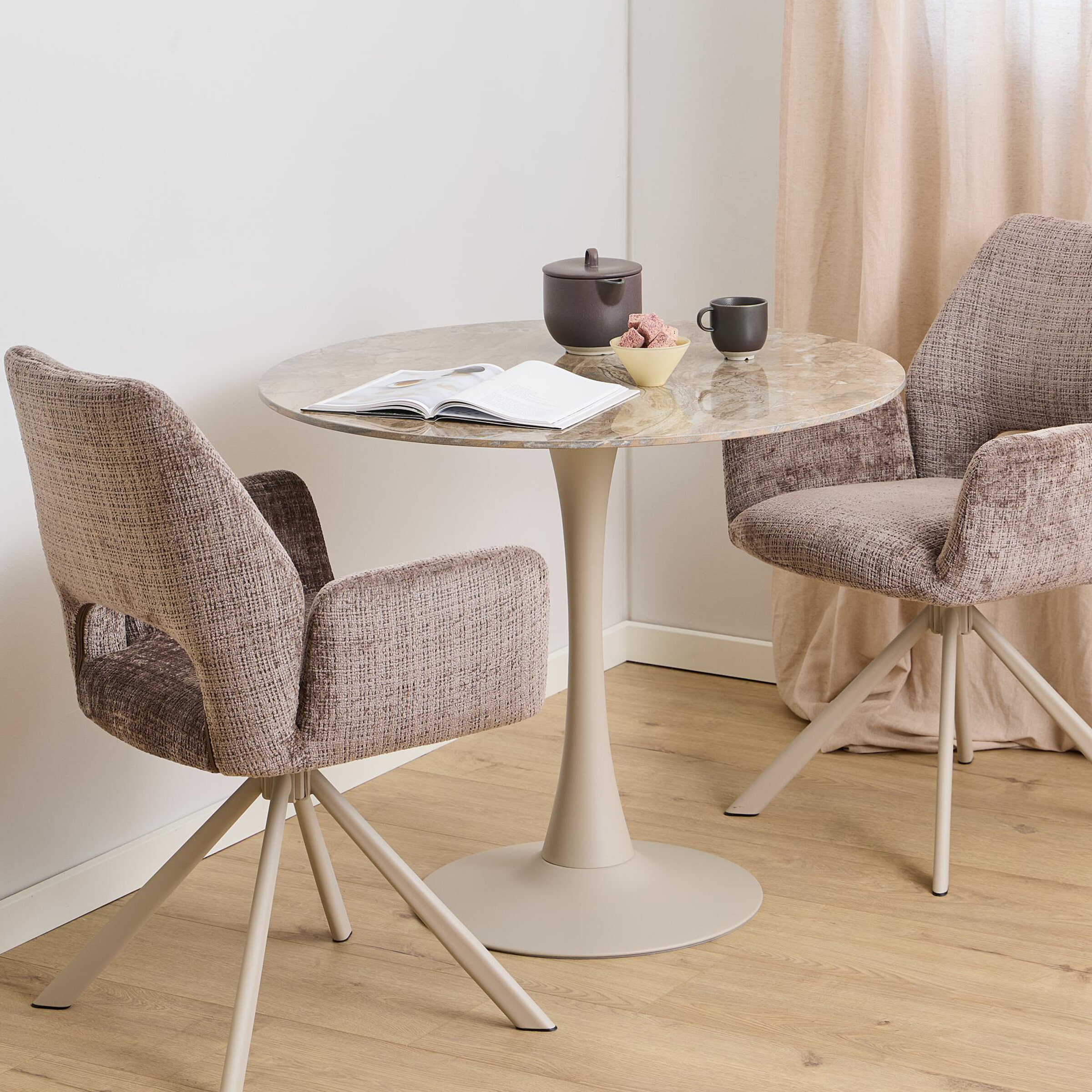 Bendt Ronde Bistrotafel 'Tempest' Keramiek met marmerlook, 90cm, kleur Bruin/Grijs