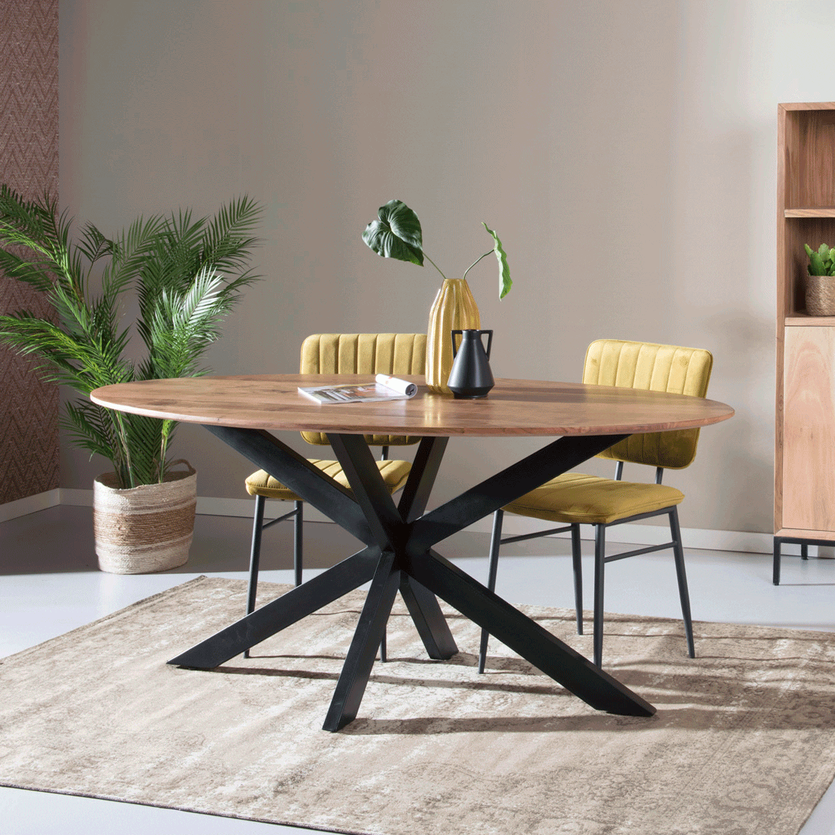 Ovale Eettafel Oslo Acaciahout en staal, kleur Naturel, 180 x 90cm