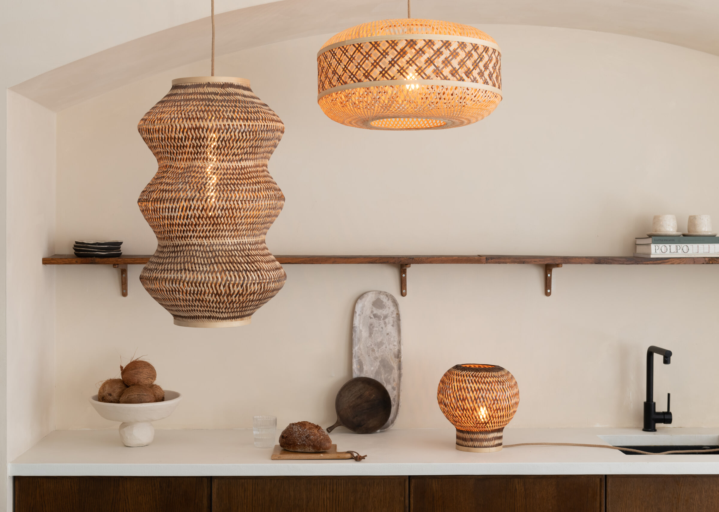 GOOD&MOJO Hanglamp 'Barbados' Bamboe, 3-lamps, kleur Naturel/Bruin
