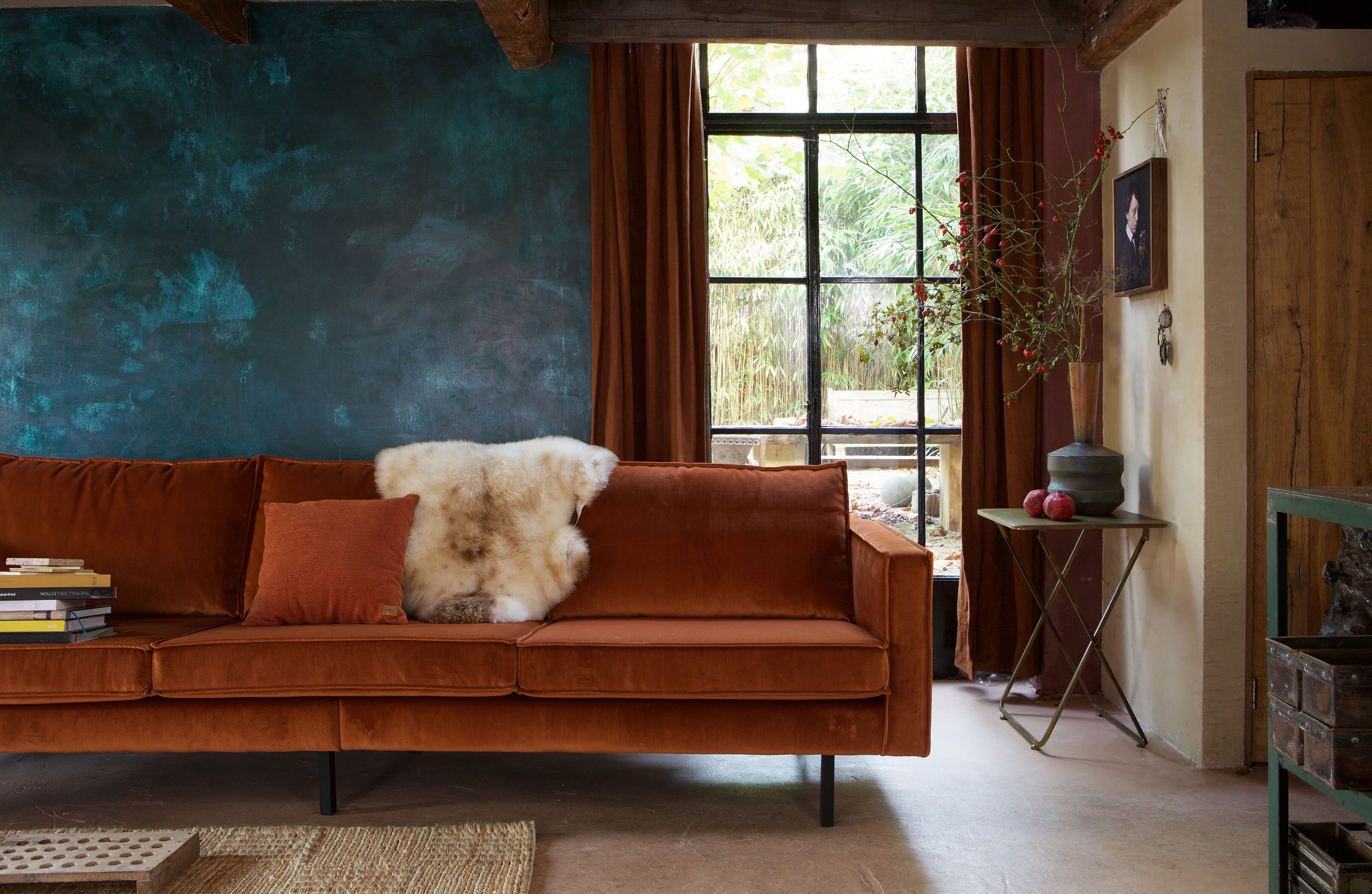 WOOOD Bank 3-zits 'Rodeo' Velvet, 277cm, kleur Roestbruin
