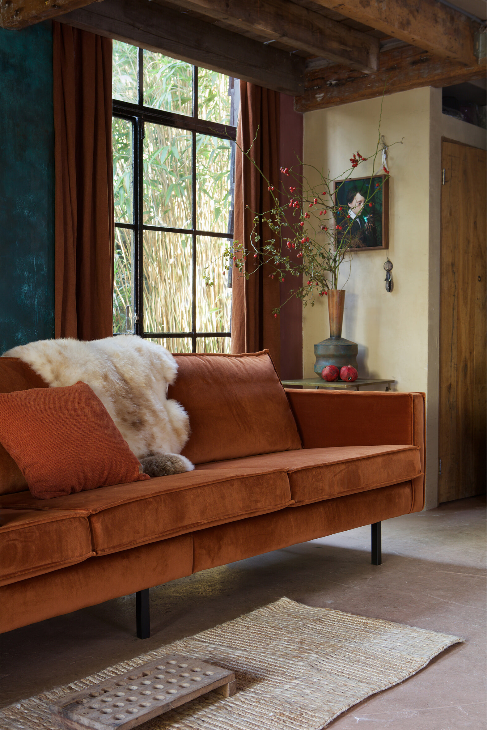 WOOOD Bank 3-zits 'Rodeo' Velvet, 277cm, kleur Roestbruin