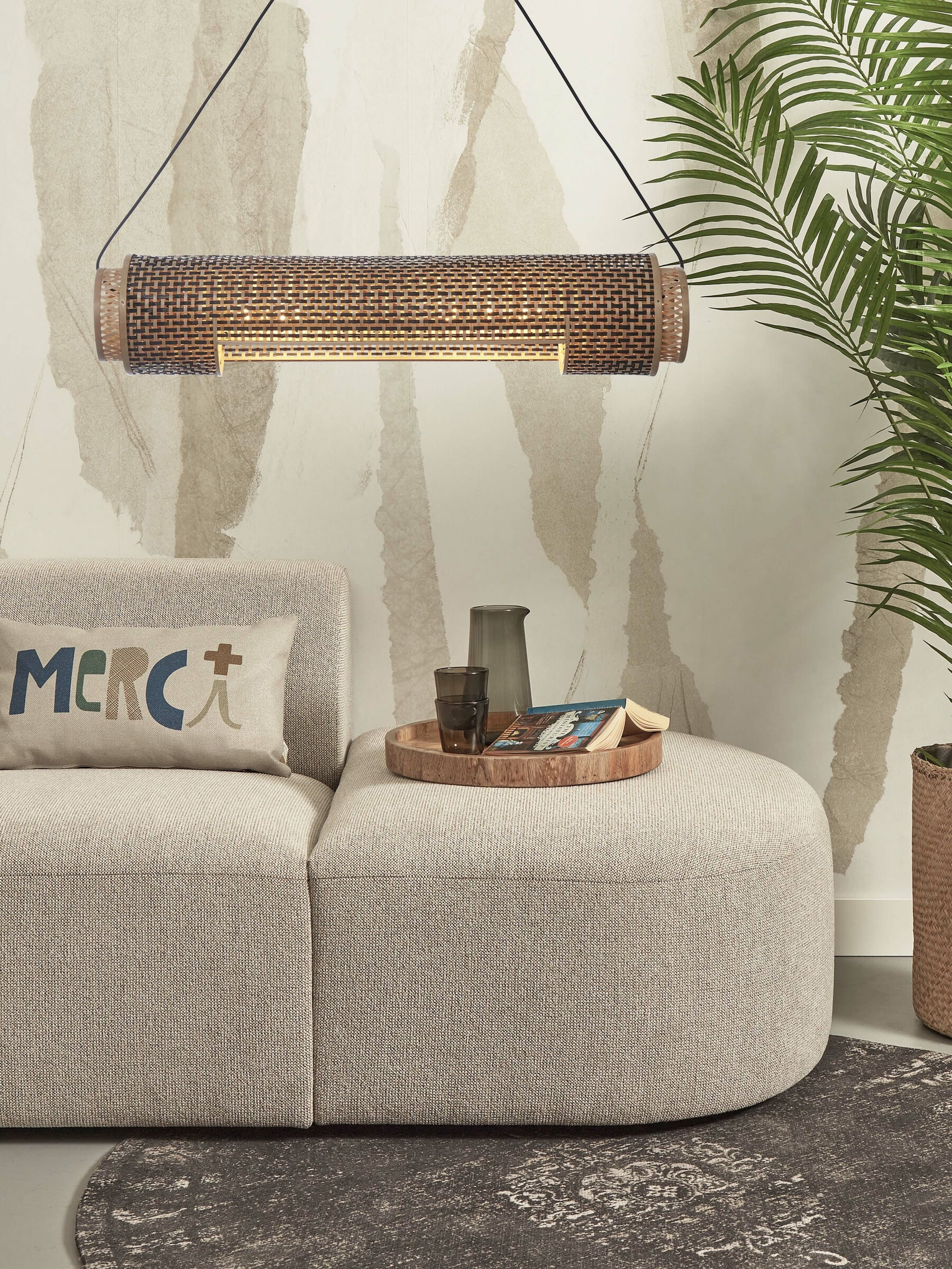 GOOD&MOJO Hanglamp 'Bhutan' Bamboe, 85cm, kleur Zwart/Naturel