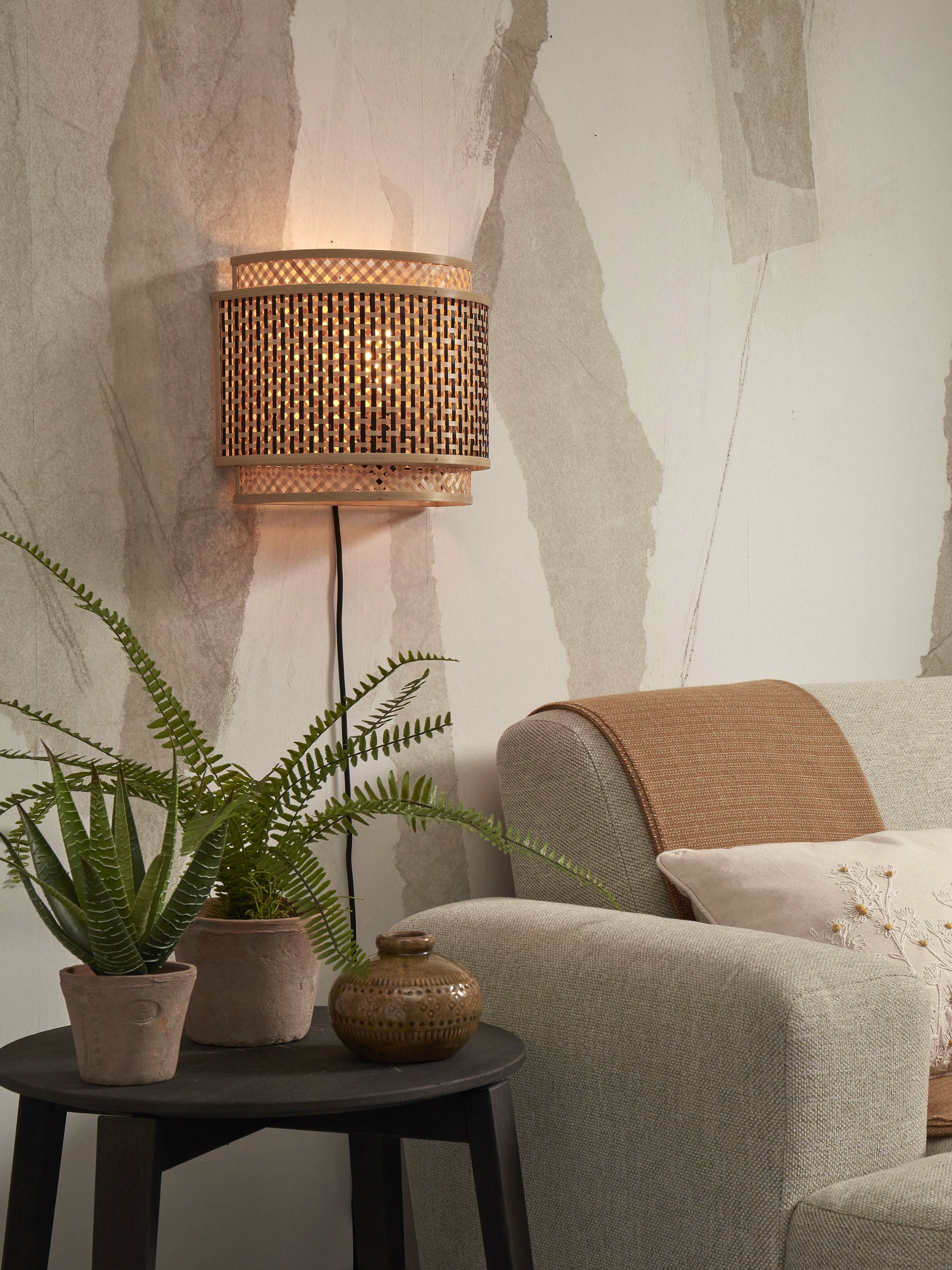 GOOD&MOJO Wandlamp 'Bhutan' Bamboe, 27 x 32cm, kleur Naturel/Zwart