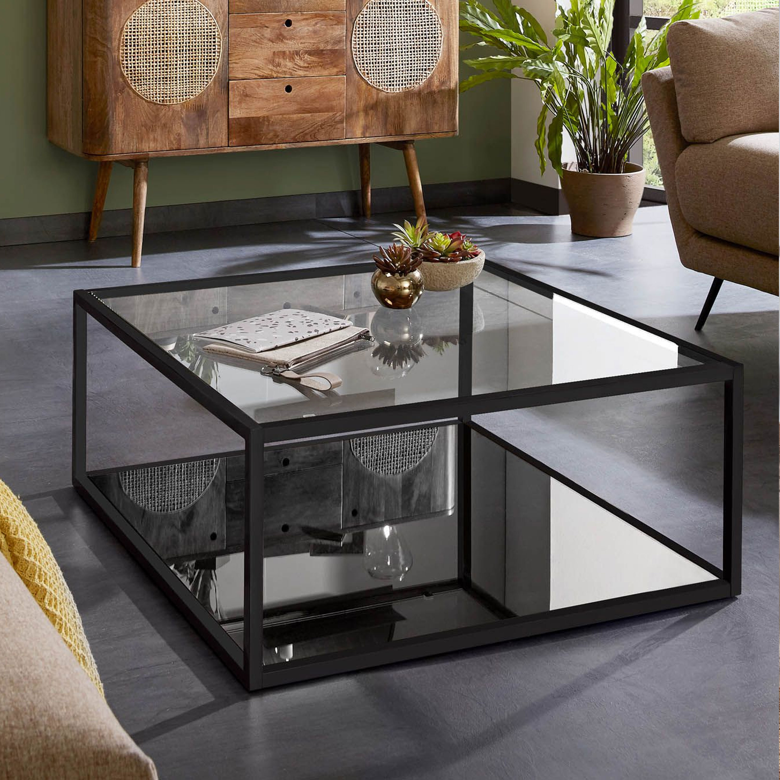 Kave Home Salontafel Blackhill Glas met zwart frame - Vierkant