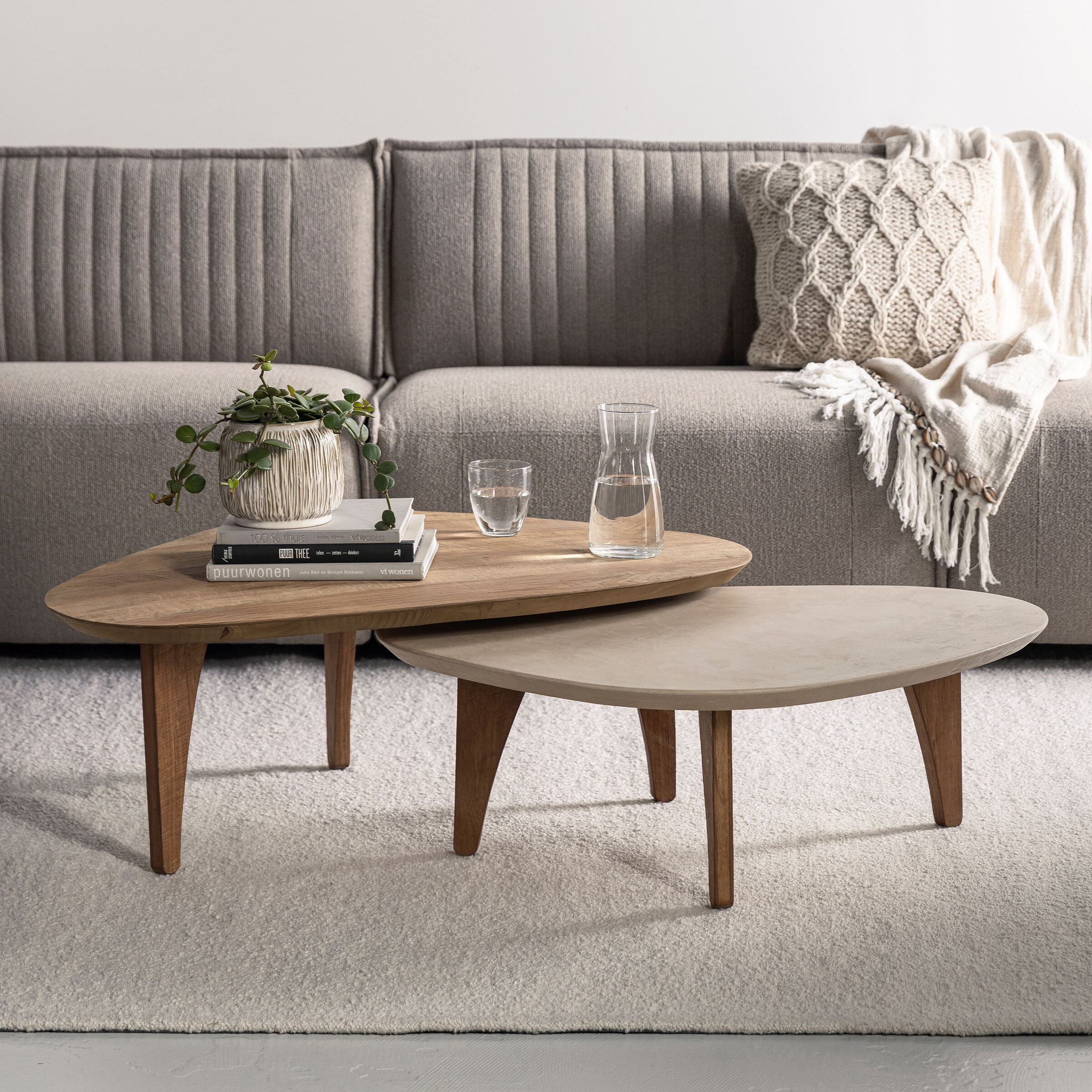 DTP Home Organische Salontafel 'Bliss' Set van 2 stuks, Mortex en Teakhout, 100 x 70cm