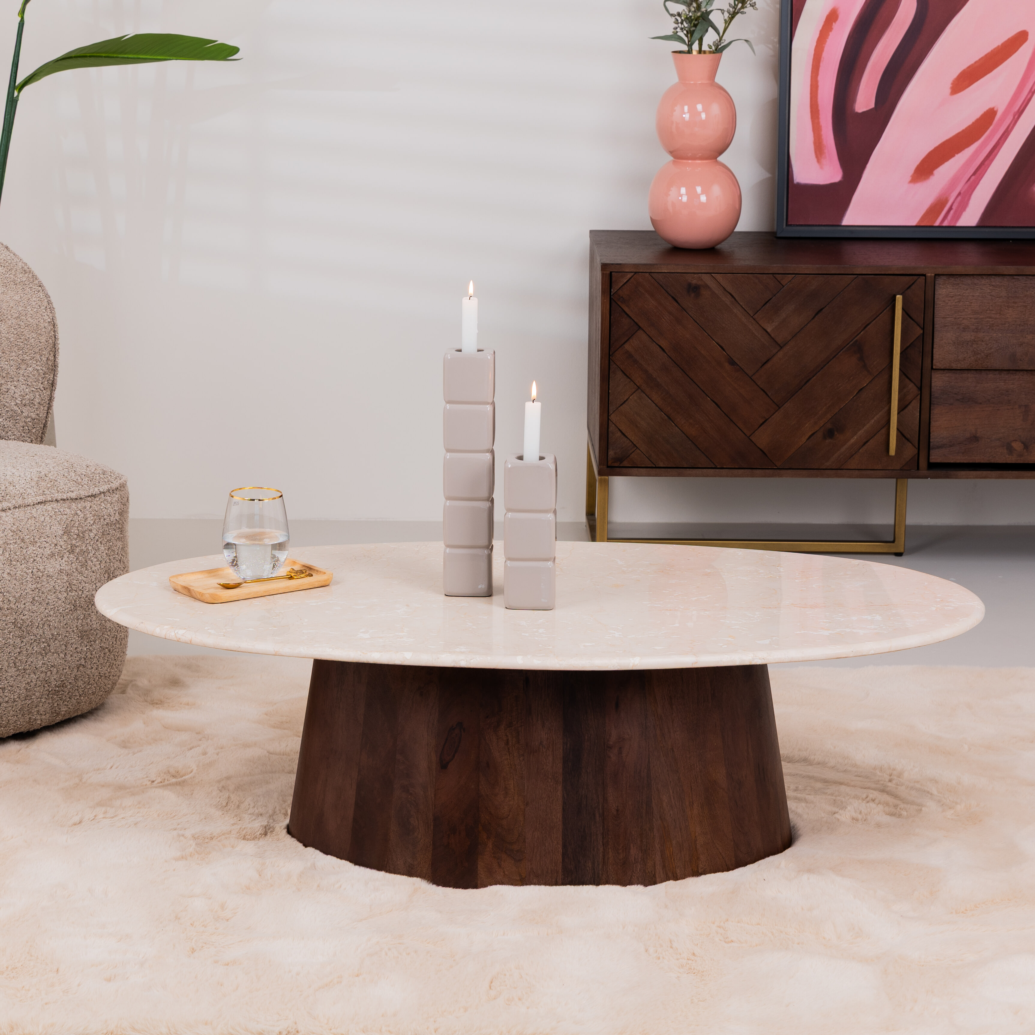 Brix Ovale Salontafel Bottecino Marmer en mangohout, 120 x 65cm - Beige - Ovaal