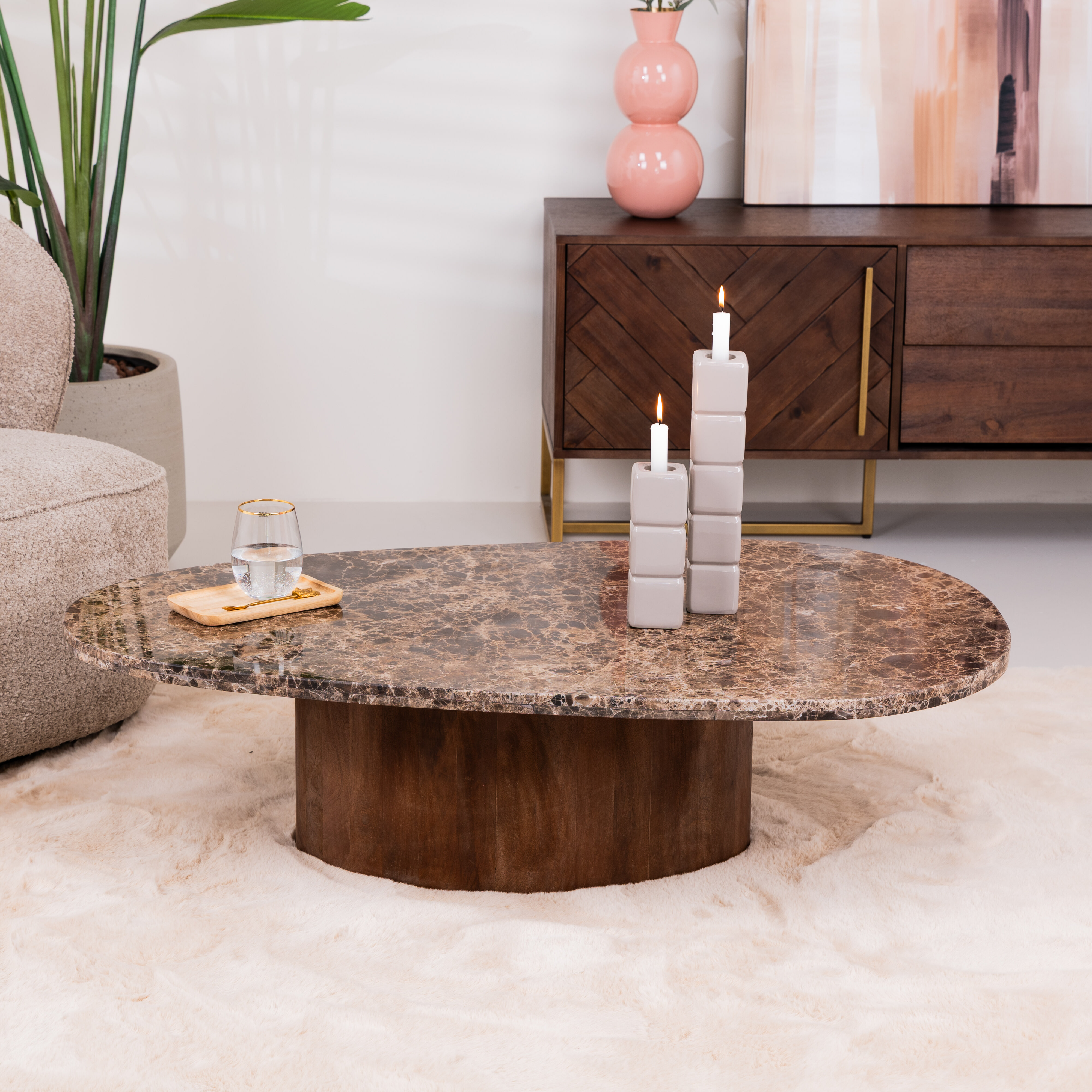 Eleonora Organische Salontafel Bradley Marmer en mangohout, 120 x 75cm - Bruin