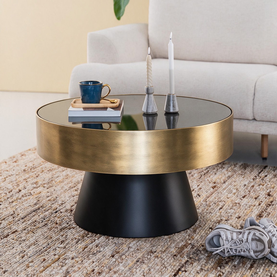 By-Boo Salontafel Bunga 75cm zwart/goud met glazen blad - Rond