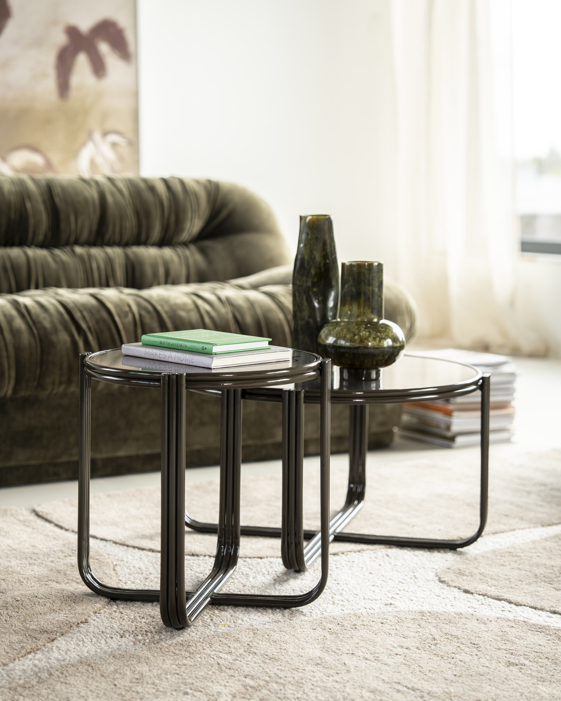 By-Boo Ronde Salontafel 'Groovy' Set van 2 stuks, Glas, kleur Bruin