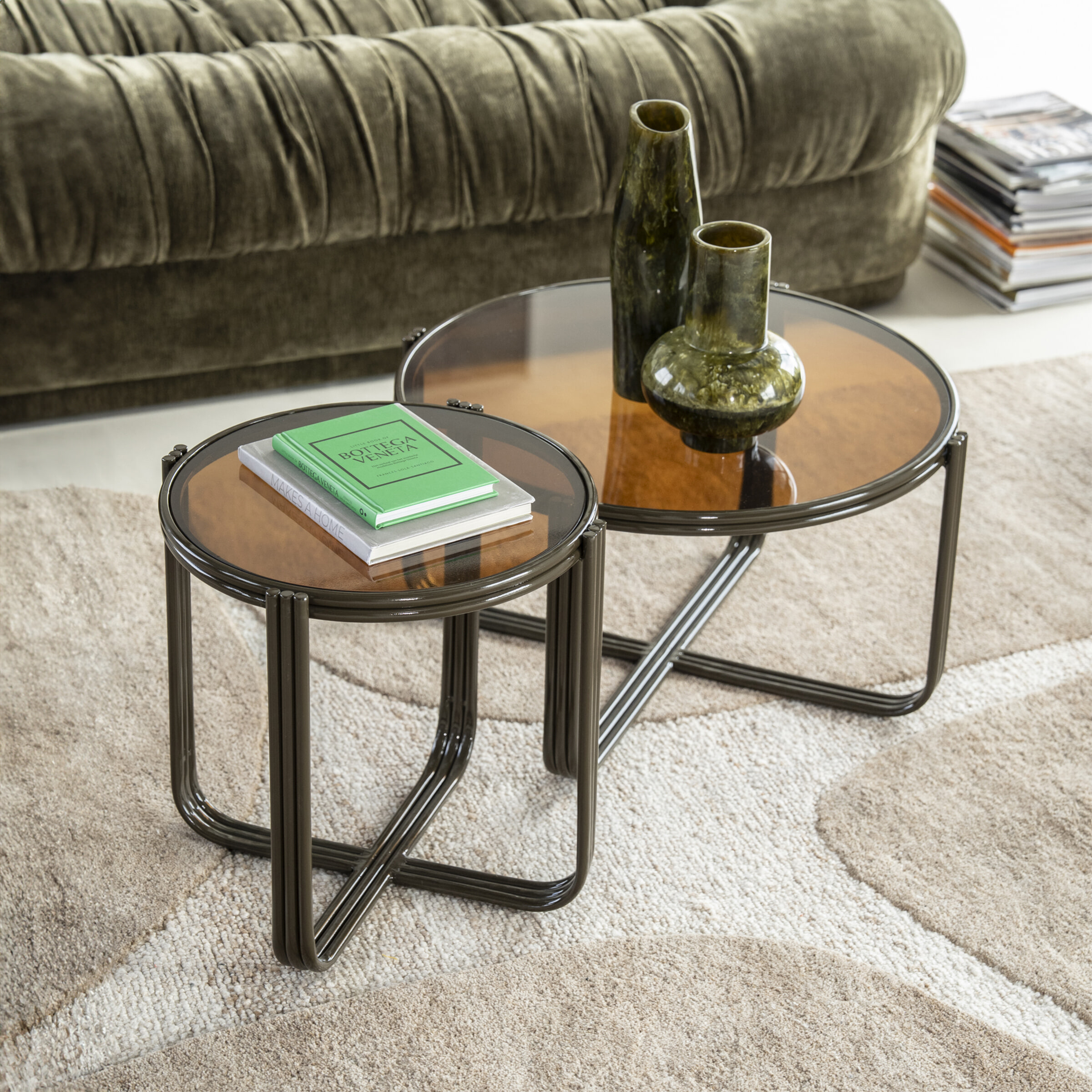 By-Boo Ronde Salontafel 'Groovy' Set van 2 stuks, Glas, kleur Bruin