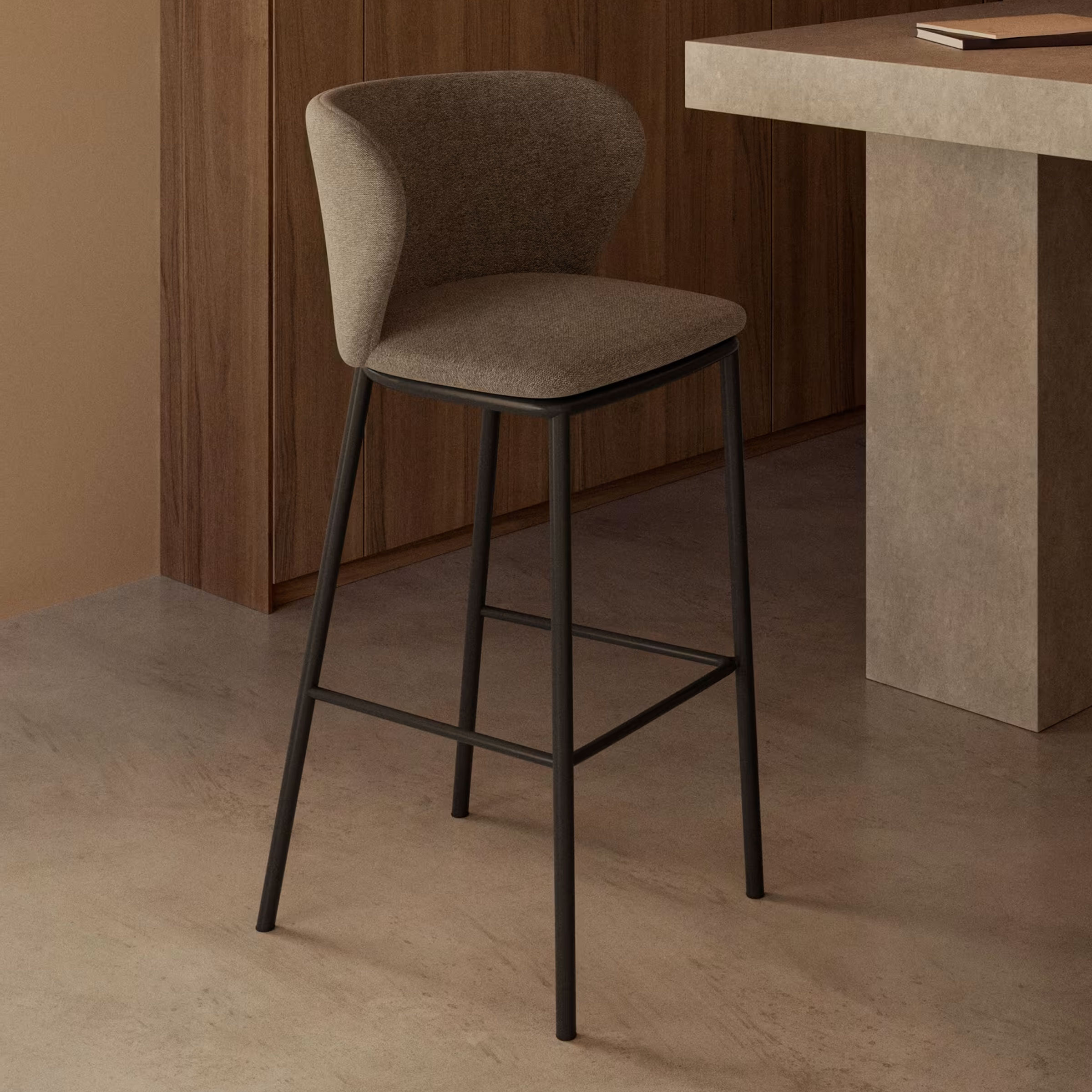 Kave Home Barkruk 'Ciselia' Chenille, kleur Lichtbruin (zithoogte 75cm)