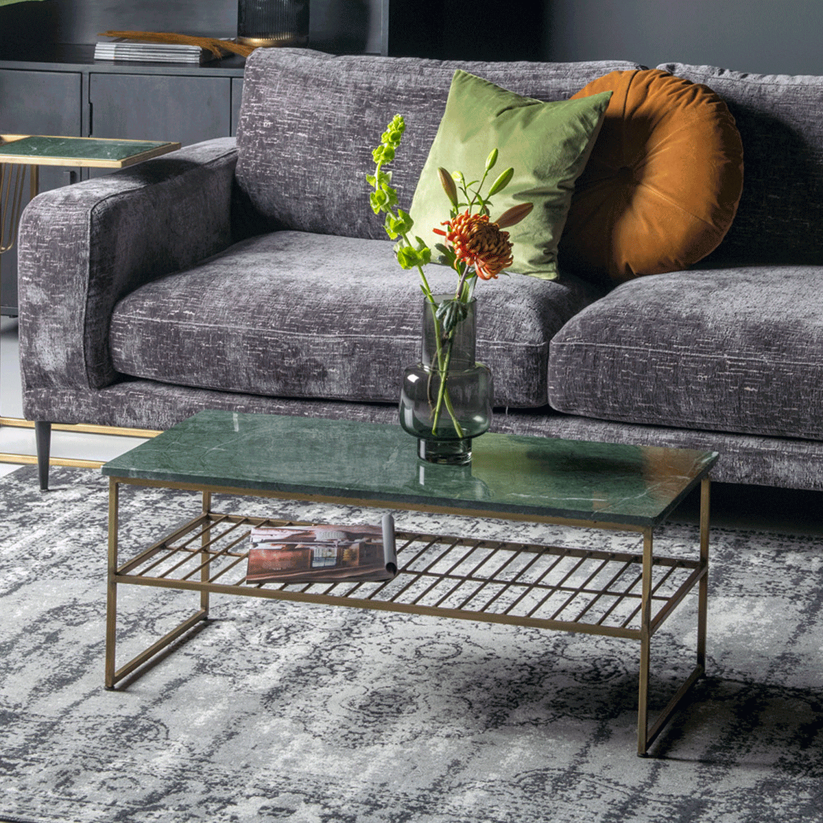 Salontafel 'Rectangular' kleur goud met groen marmer Salontafel 'Rectangular' kleur goud met groen marmer