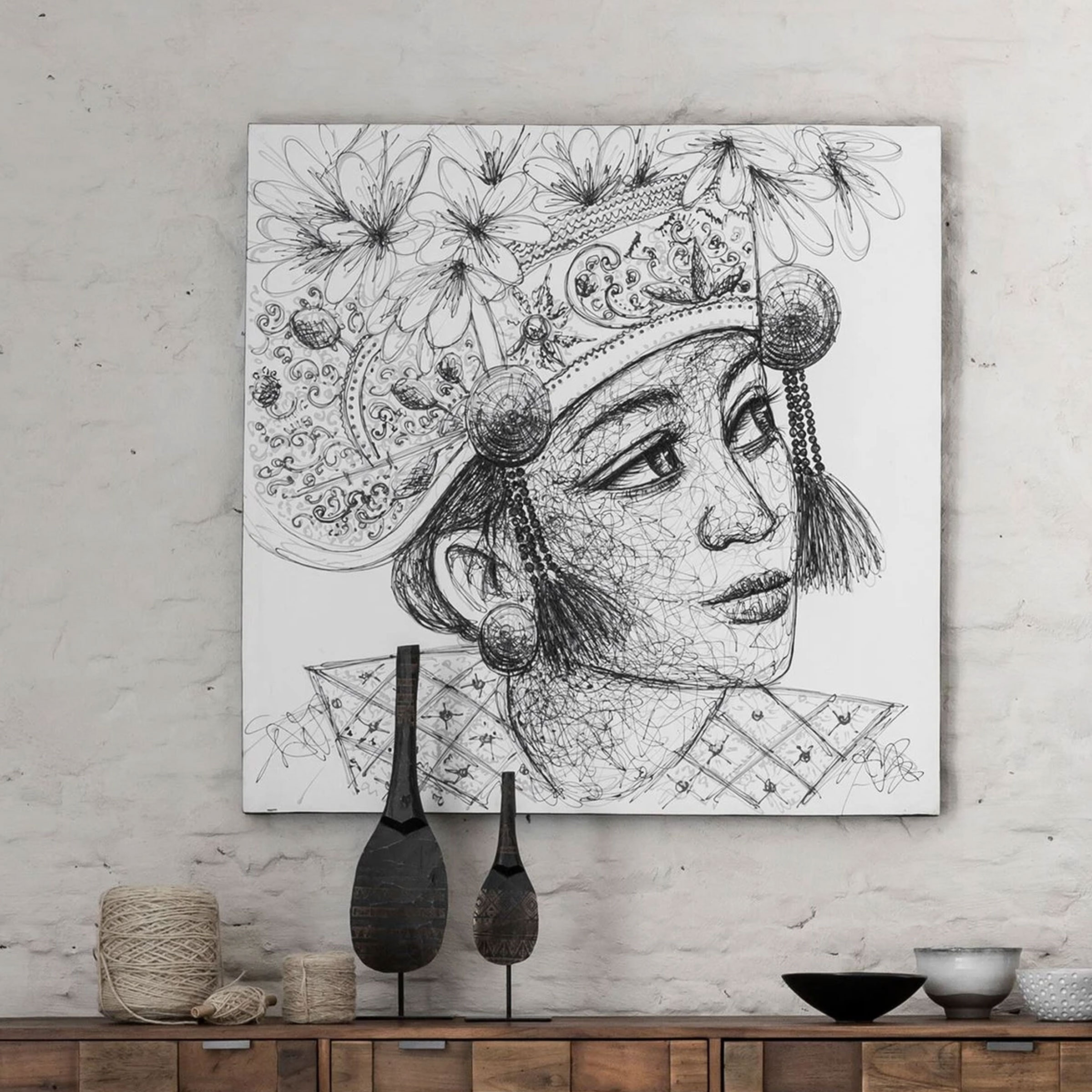 MUST Living Wandpaneel Balinese Girl Kadek 100 x 100cm - Zwart, Wit