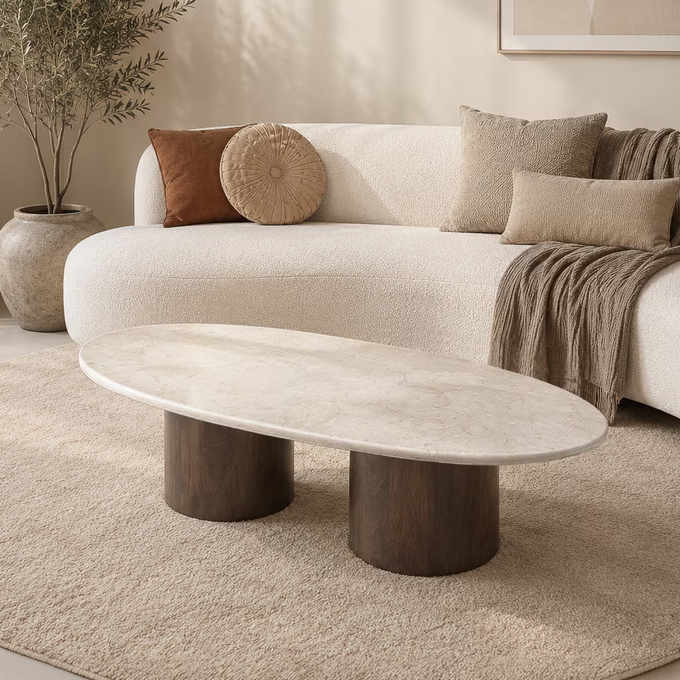Brix Ovale Salontafel Duno Bottecino Marmer & Mangohout, 120 x 65cm - Beige - Ovaal