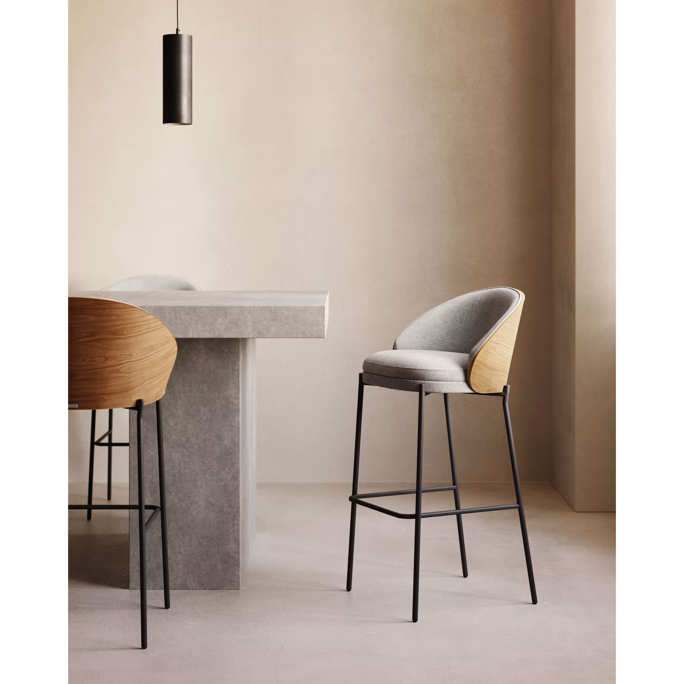 Kave Home Barkruk 'Eamy' Essenhout, kleur Lichtgrijs/Naturel (zithoogte 77cm)
