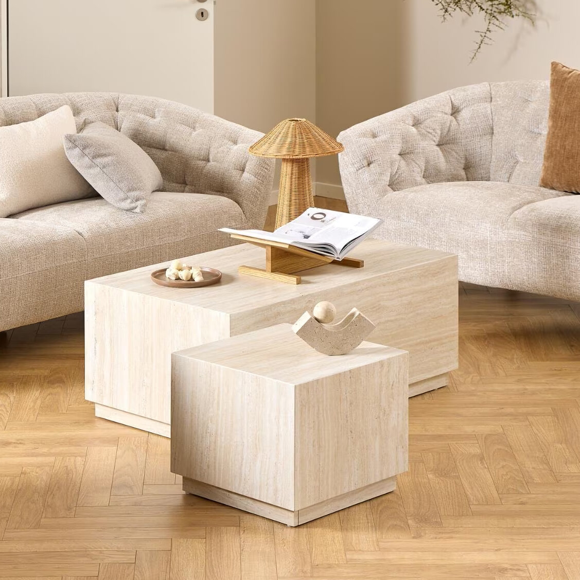 Bendt Salontafel Flavian Travertinlook, Set van 2 stuks - Beige