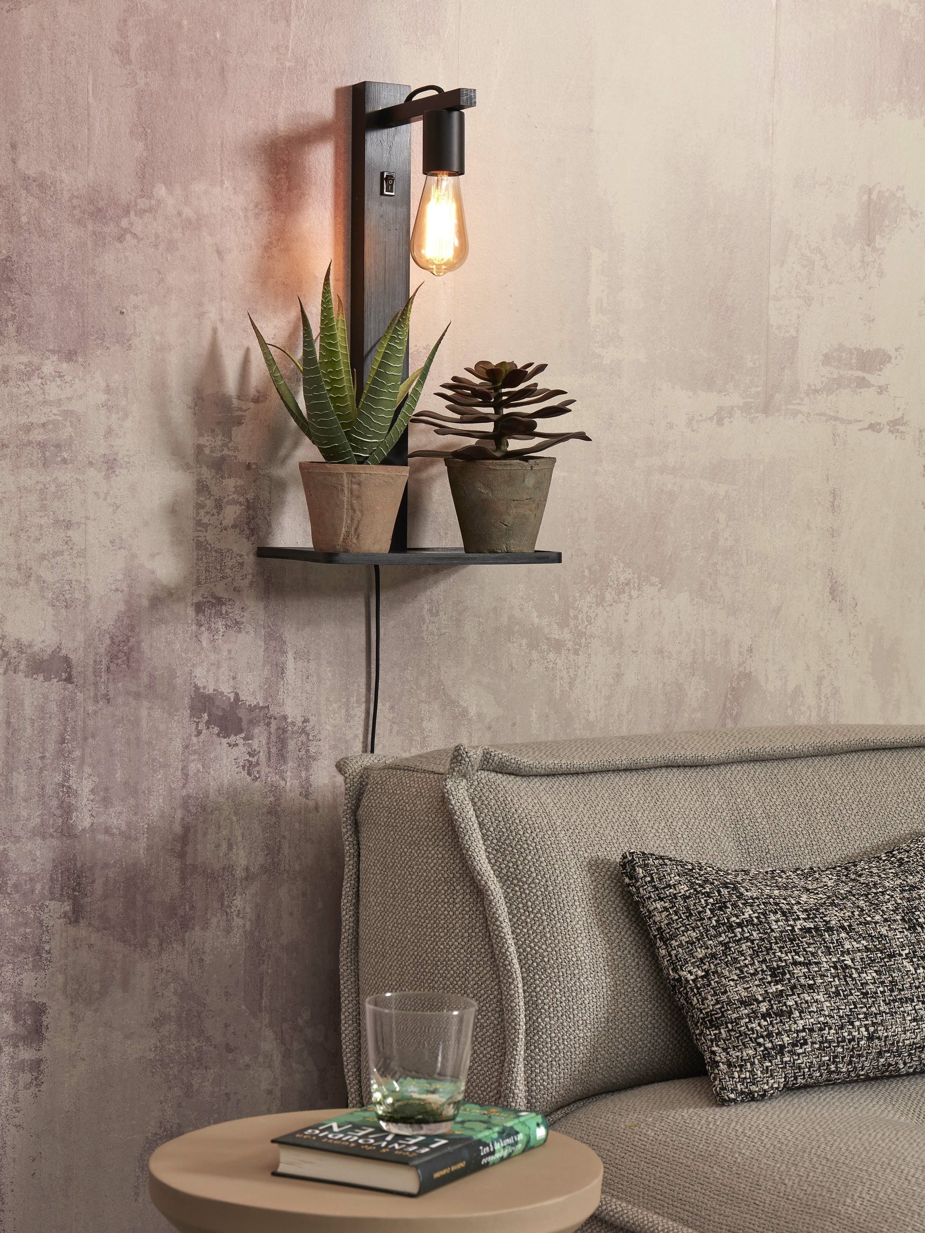GOOD&MOJO Wandlamp 'Flores' Met plankje, Bamboe, kleur Zwart