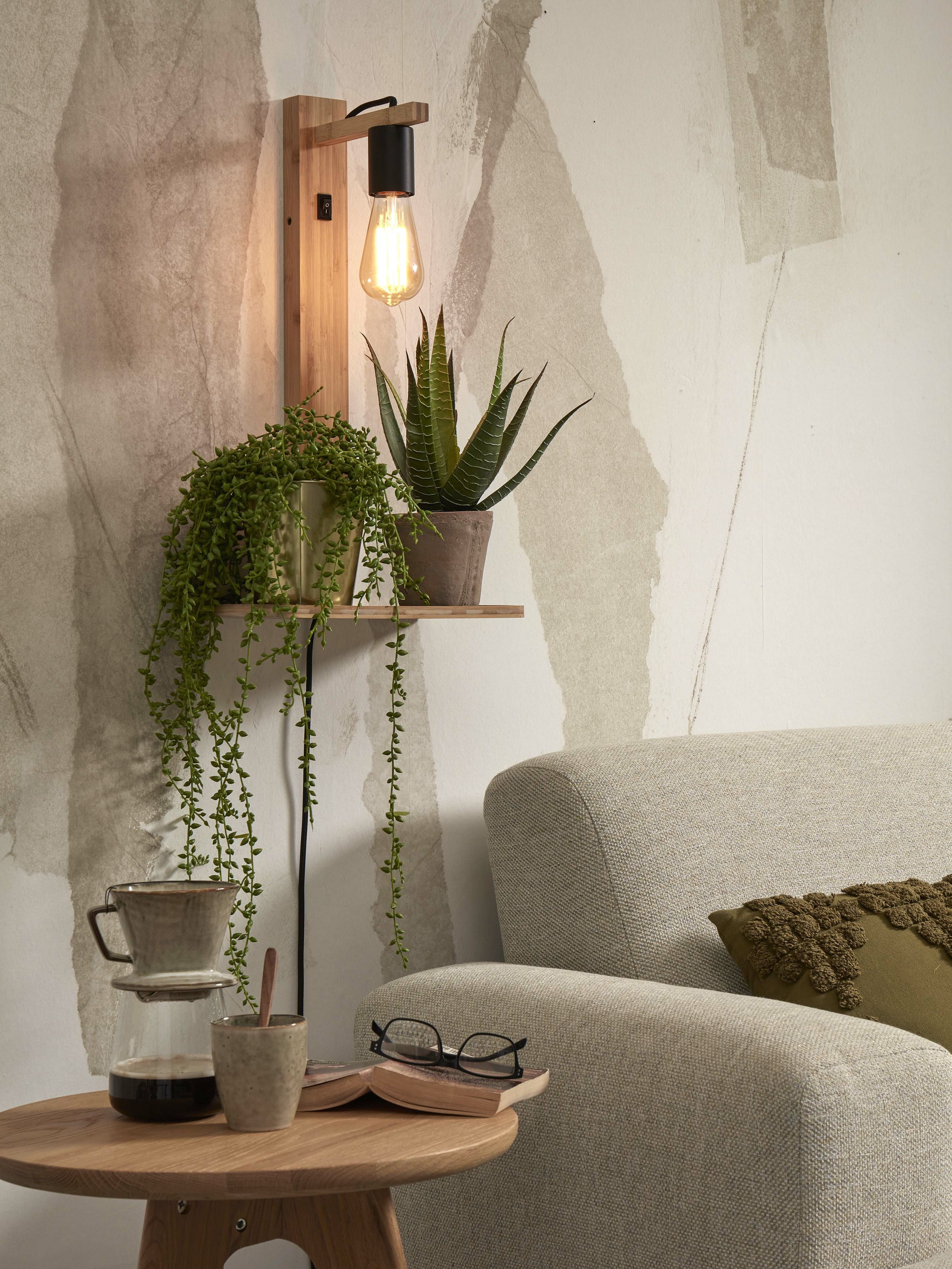 GOOD&MOJO Wandlamp 'Flores' Met plankje, Bamboe, kleur Naturel