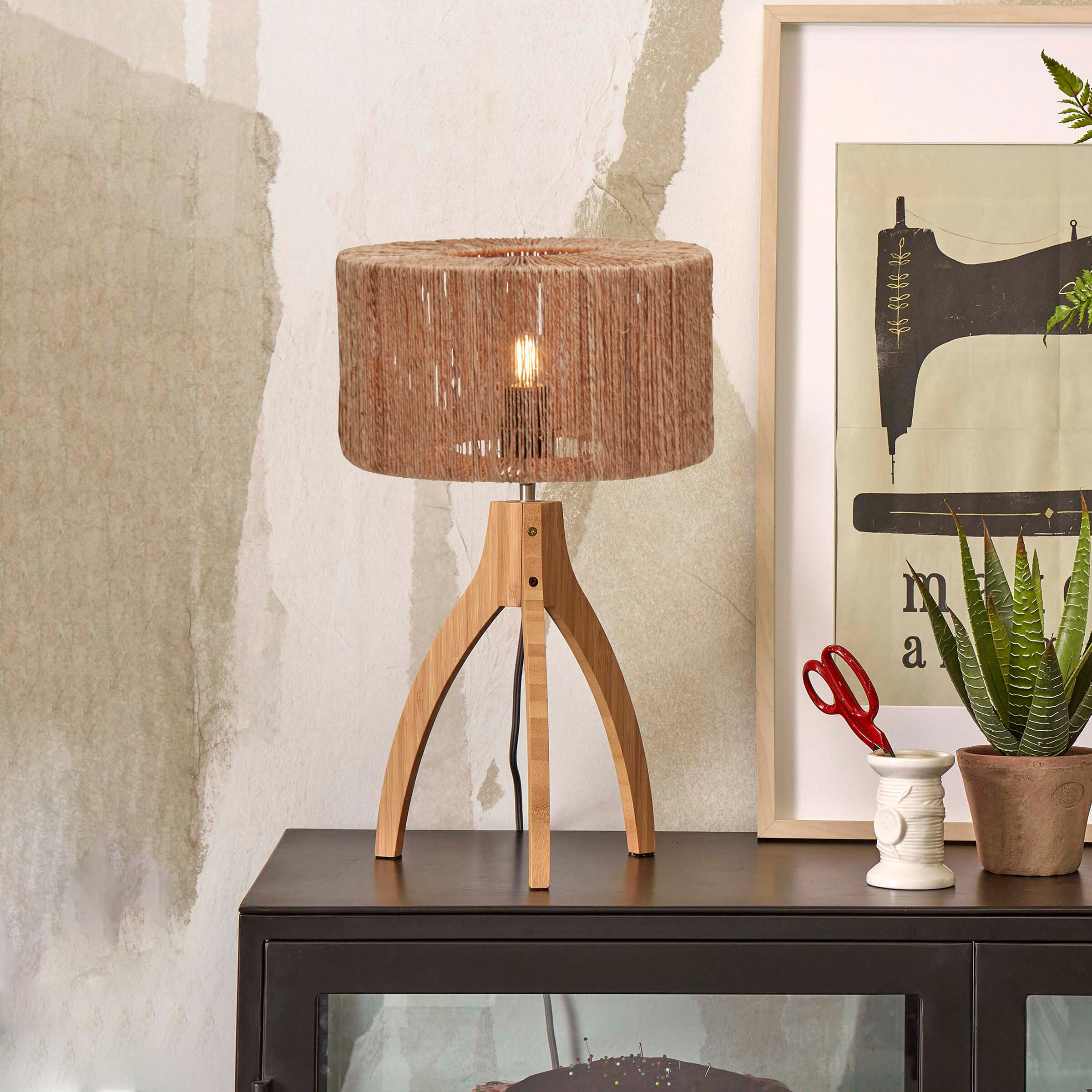 GOOD&MOJO Tafellamp 'Iguazu' 3-poot, Bamboe en jute, kleur Naturel