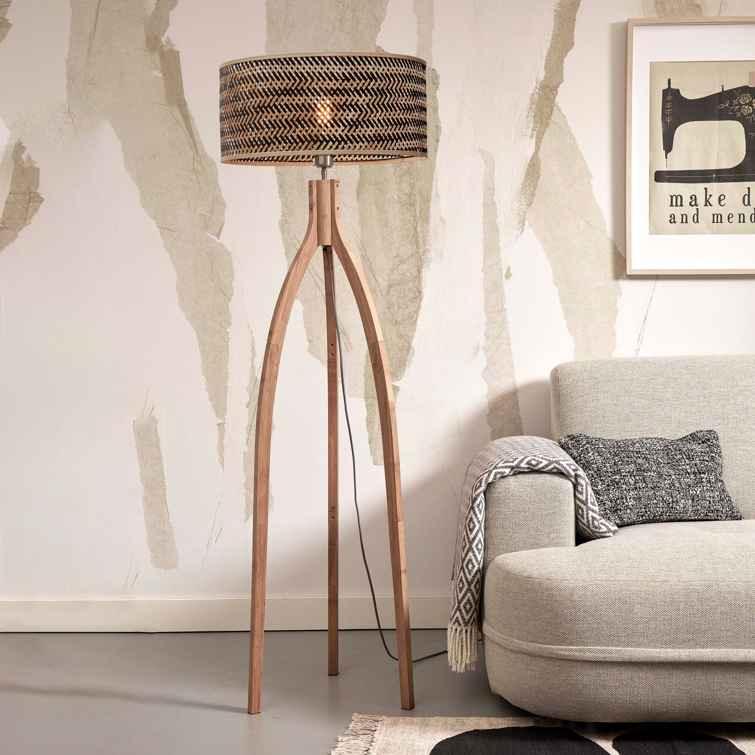 GOOD&MOJO Vloerlamp 'Java' 3-poot, Bamboe, kleur Naturel/Zwart