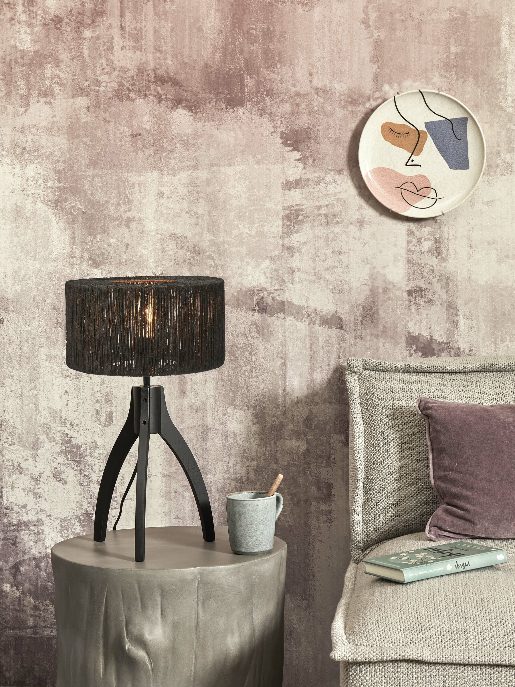 GOOD&MOJO Tafellamp 'Iguazu' 3-poot, Bamboe en jute, kleur Zwart