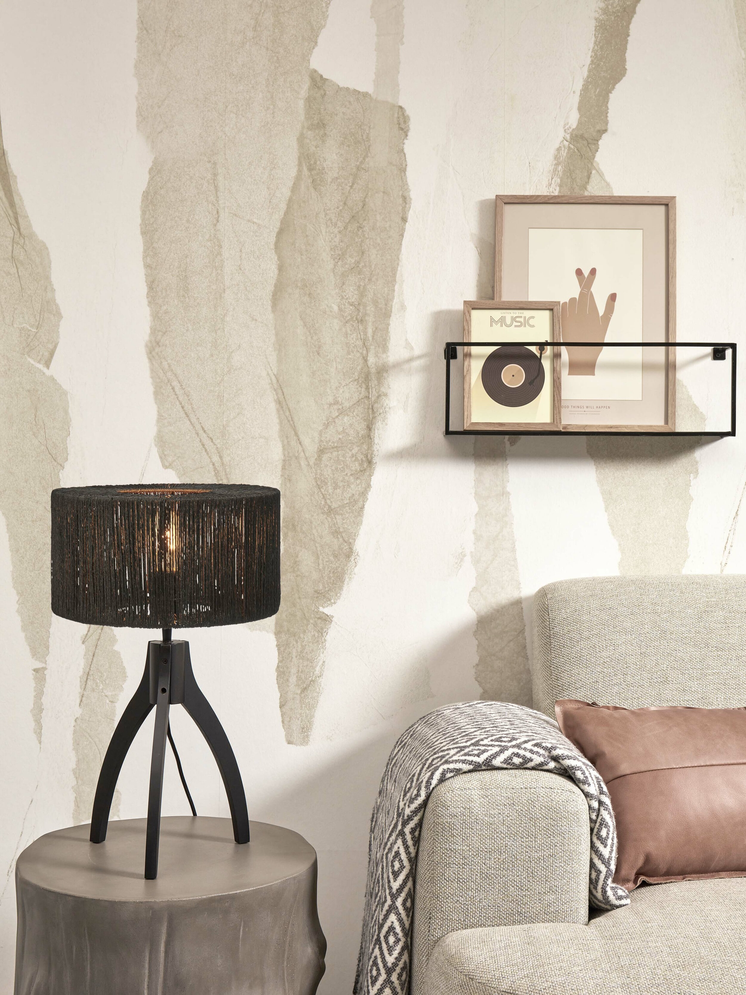 GOOD&MOJO Tafellamp 'Iguazu' 3-poot, Bamboe en jute, kleur Zwart
