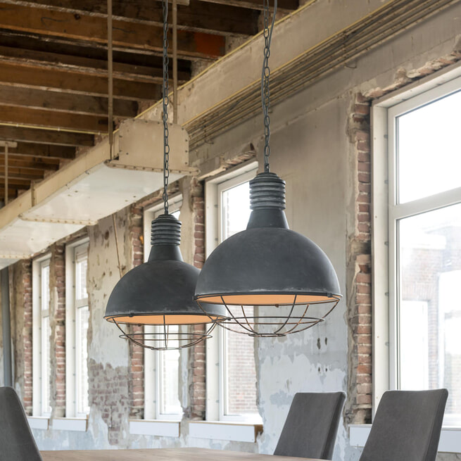 Industriële Hanglamp 'Trevon' met dubbele kap in betonlook, 41cm