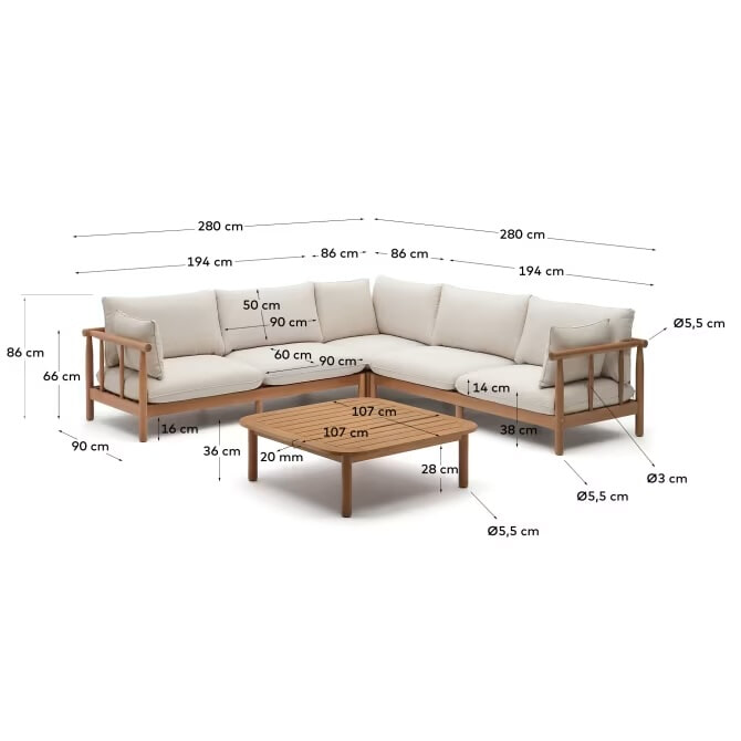 Kave Home 5-zits Hoek Loungeset 'Sacova' Eucalyptushout