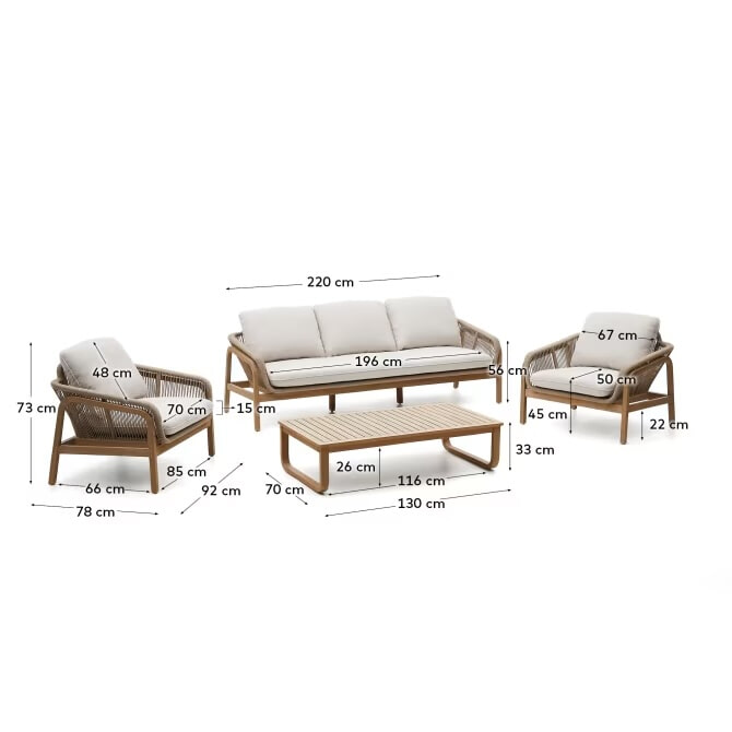 Kave Home Loungeset 'Vellana' Acaciahout, Met 3-zits bank, 2 fauteuils en salontafel