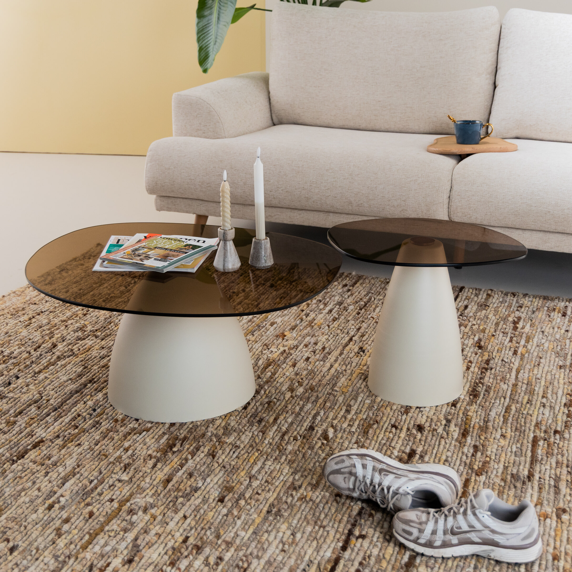 Sohome Organische Salontafel Jacky Set van 2 stuks, Glas en betonlook - Beige
